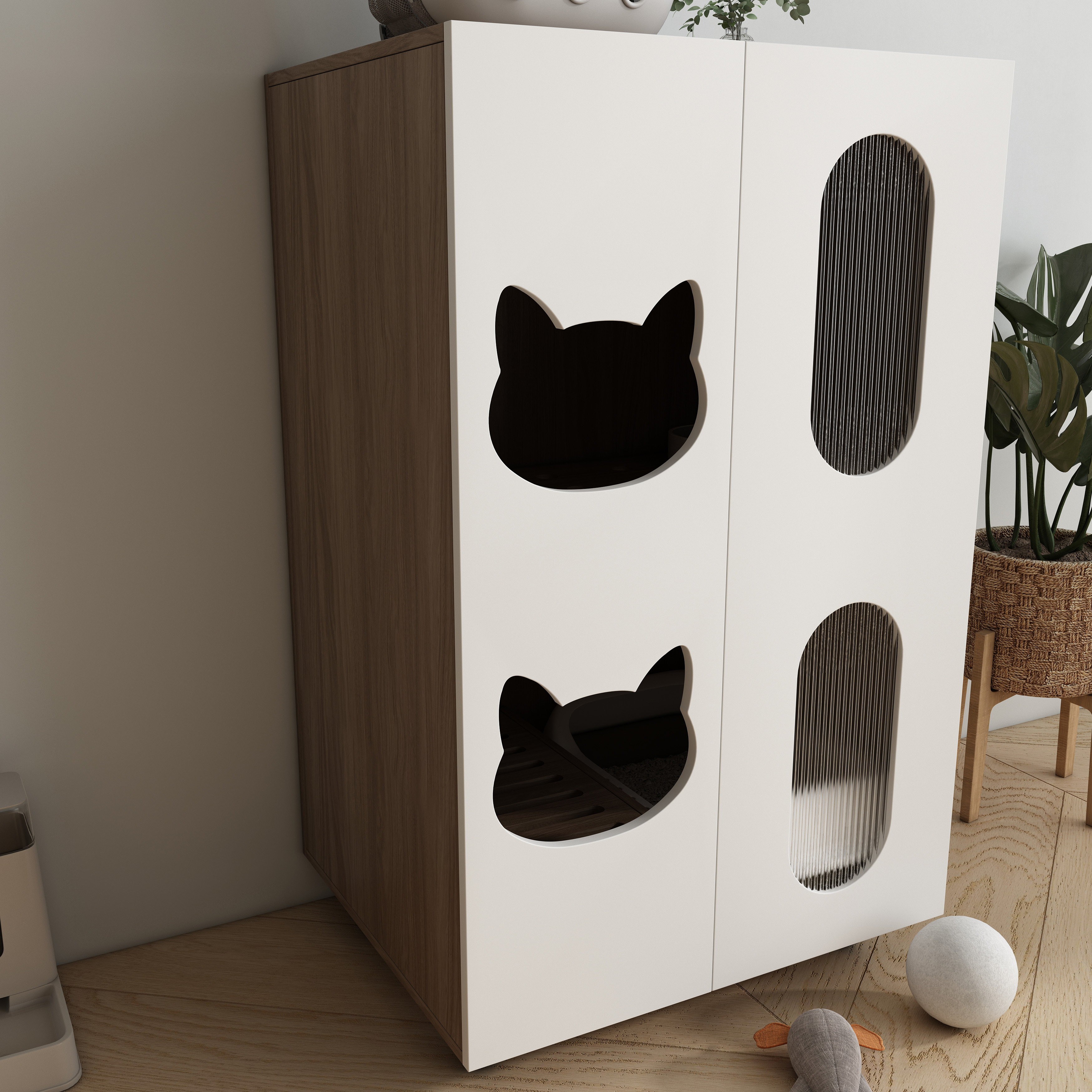 Modern White Cat Litter Box Cabinet with Cat‑Ear Cutouts, Fluted Doors & Storage Space