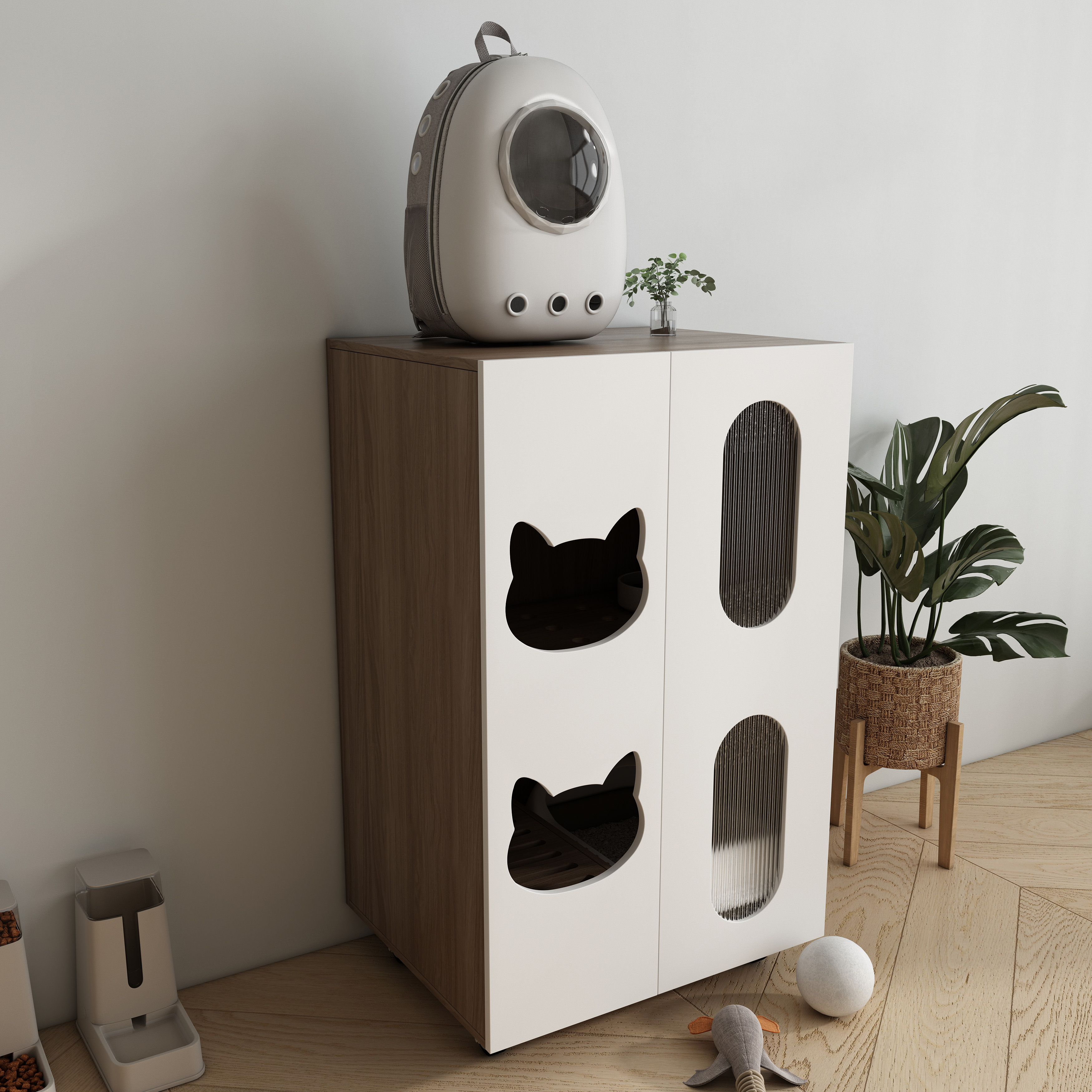 Modern White Cat Litter Box Cabinet with Cat‑Ear Cutouts, Fluted Doors & Storage Space