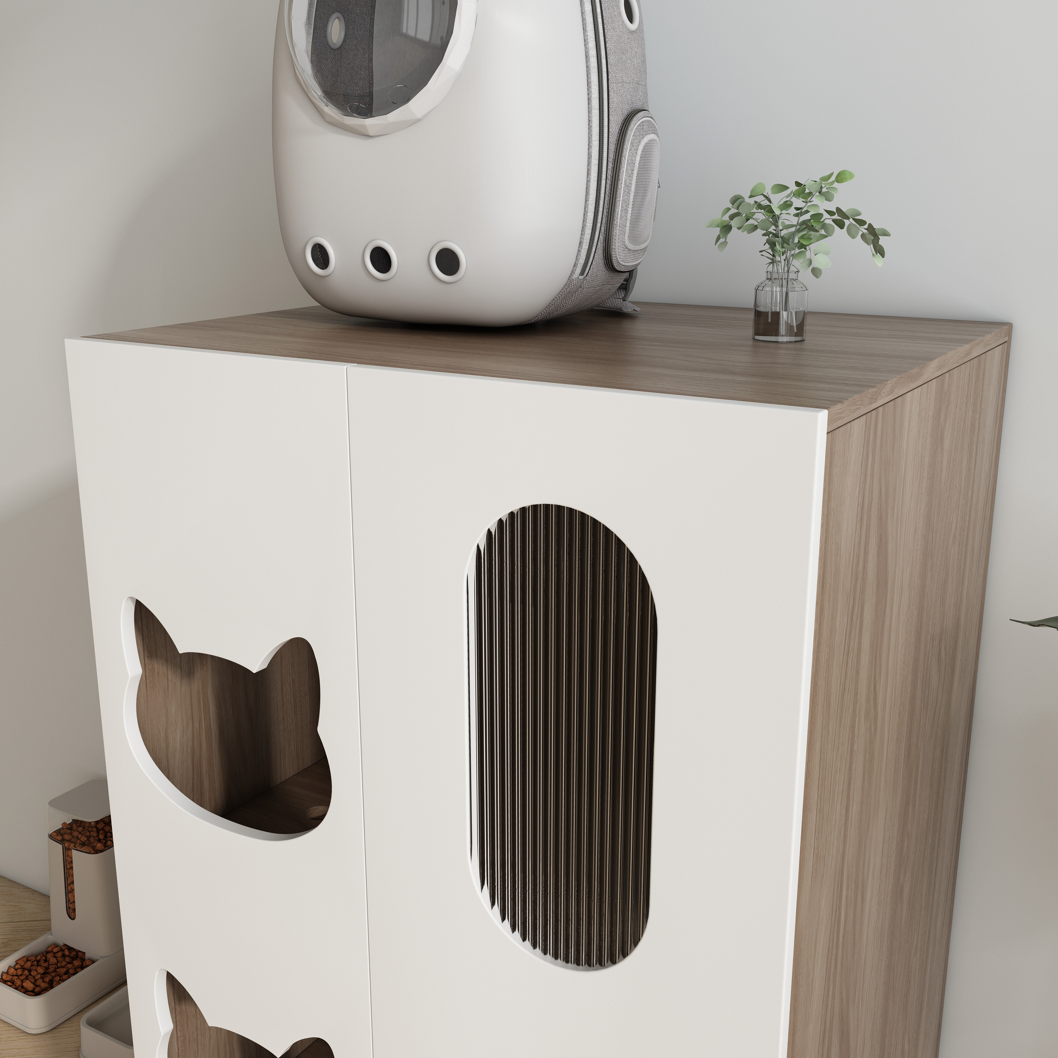 Modern White Cat Litter Box Cabinet with Cat‑Ear Cutouts, Fluted Doors & Storage Space