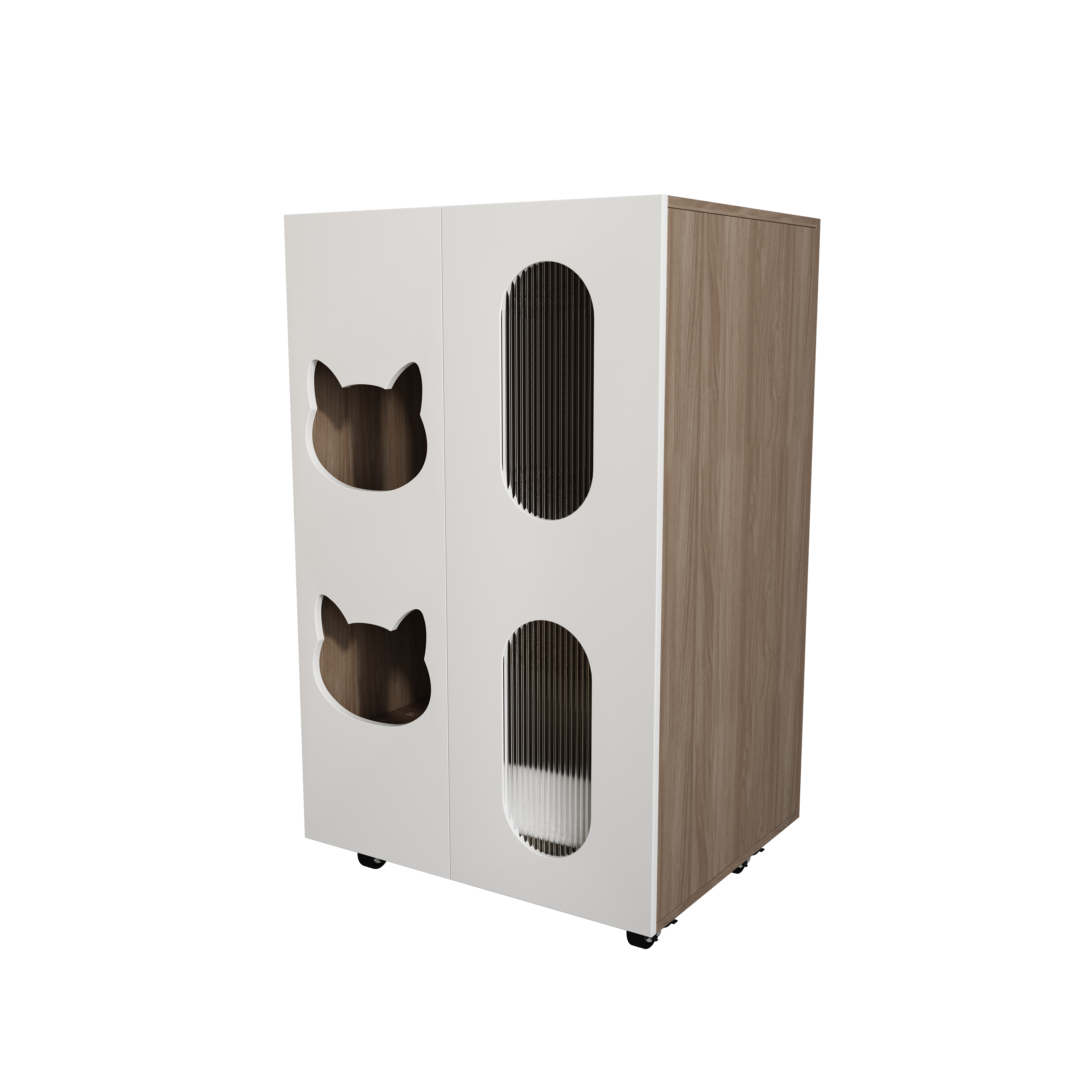 Modern White Cat Litter Box Cabinet with Cat‑Ear Cutouts, Fluted Doors & Storage Space