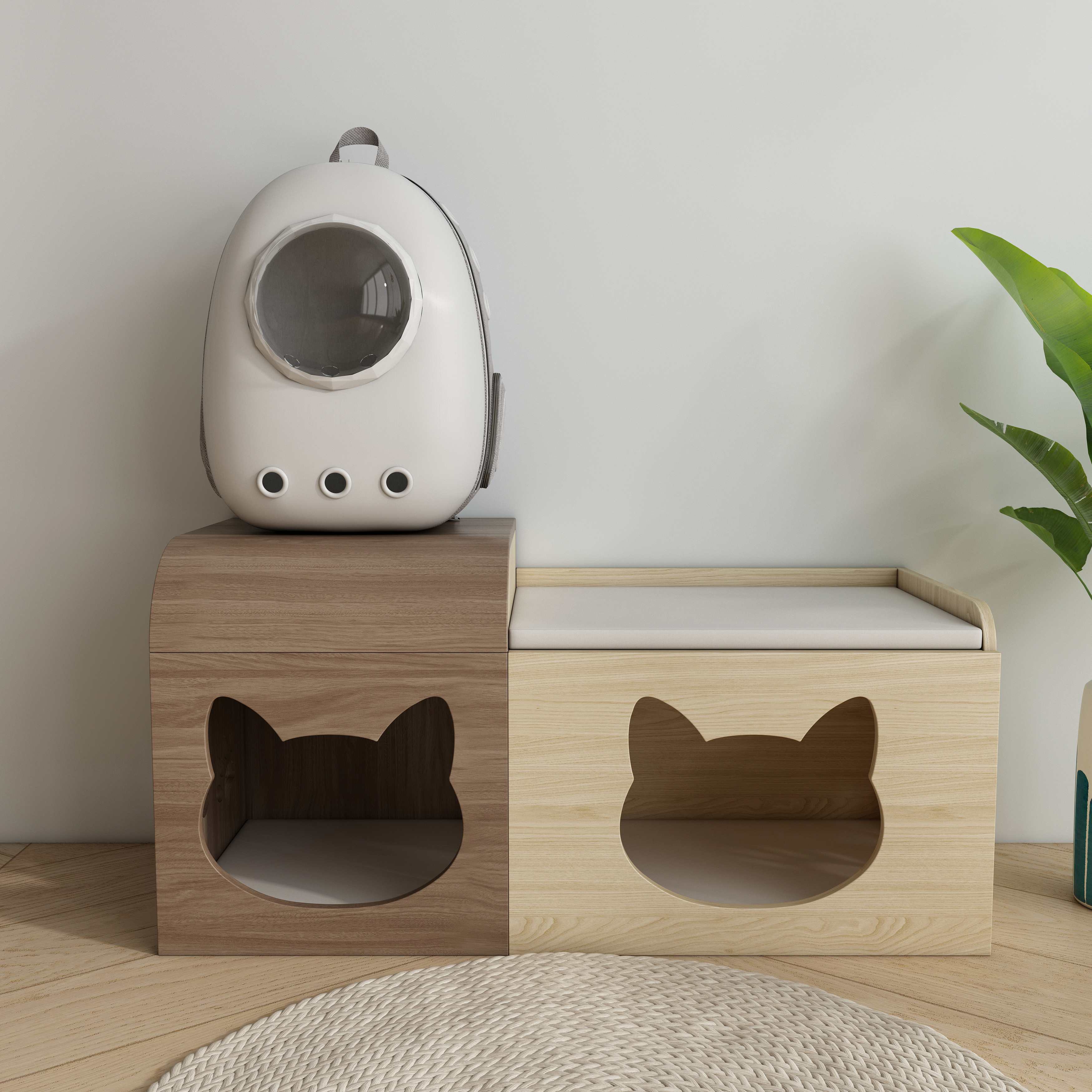 Two‑Tone Split‑Style Wooden Cat Cabinet with Cat‑Ear Nooks & Cushioned Storage Bench