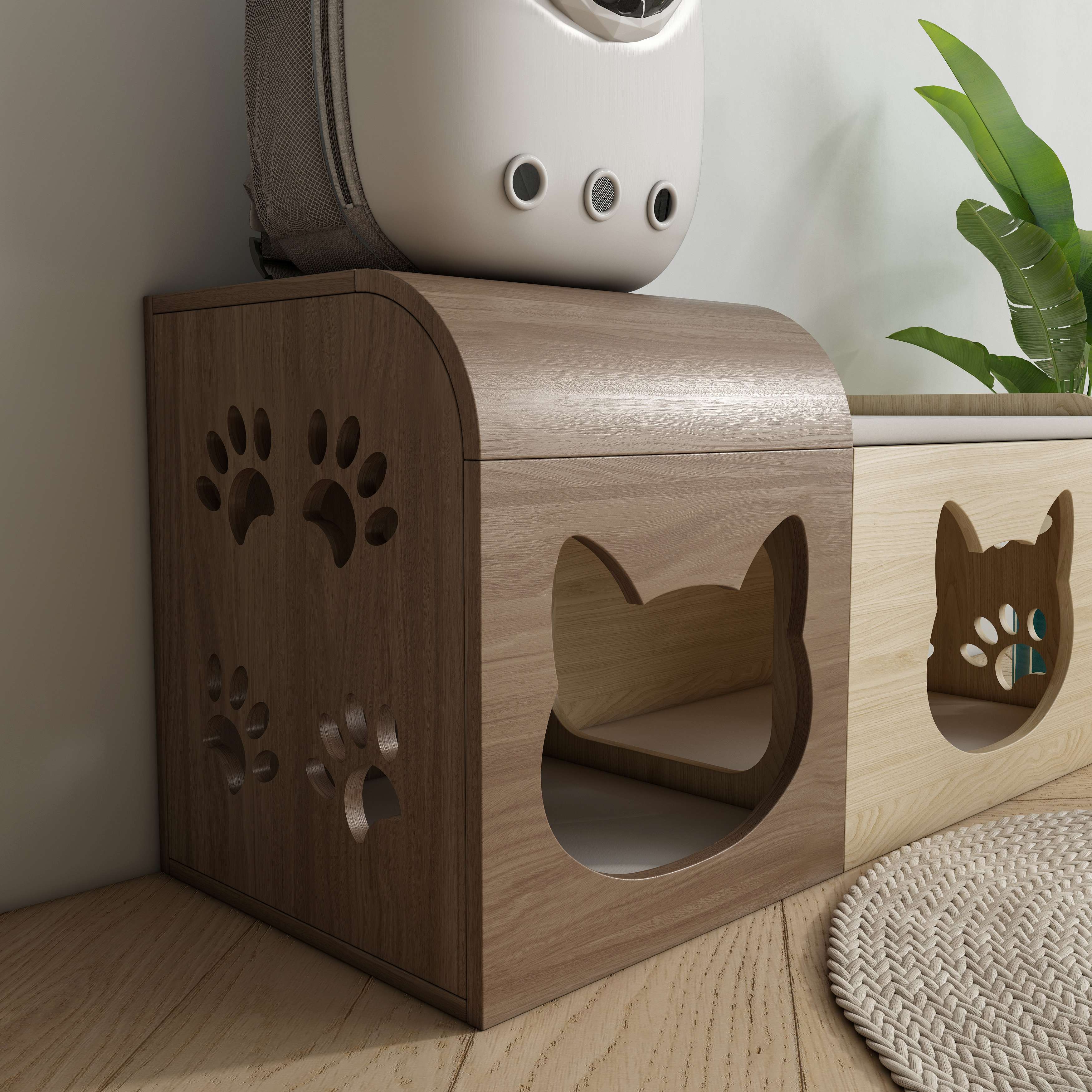 Two‑Tone Split‑Style Wooden Cat Cabinet with Cat‑Ear Nooks & Cushioned Storage Bench