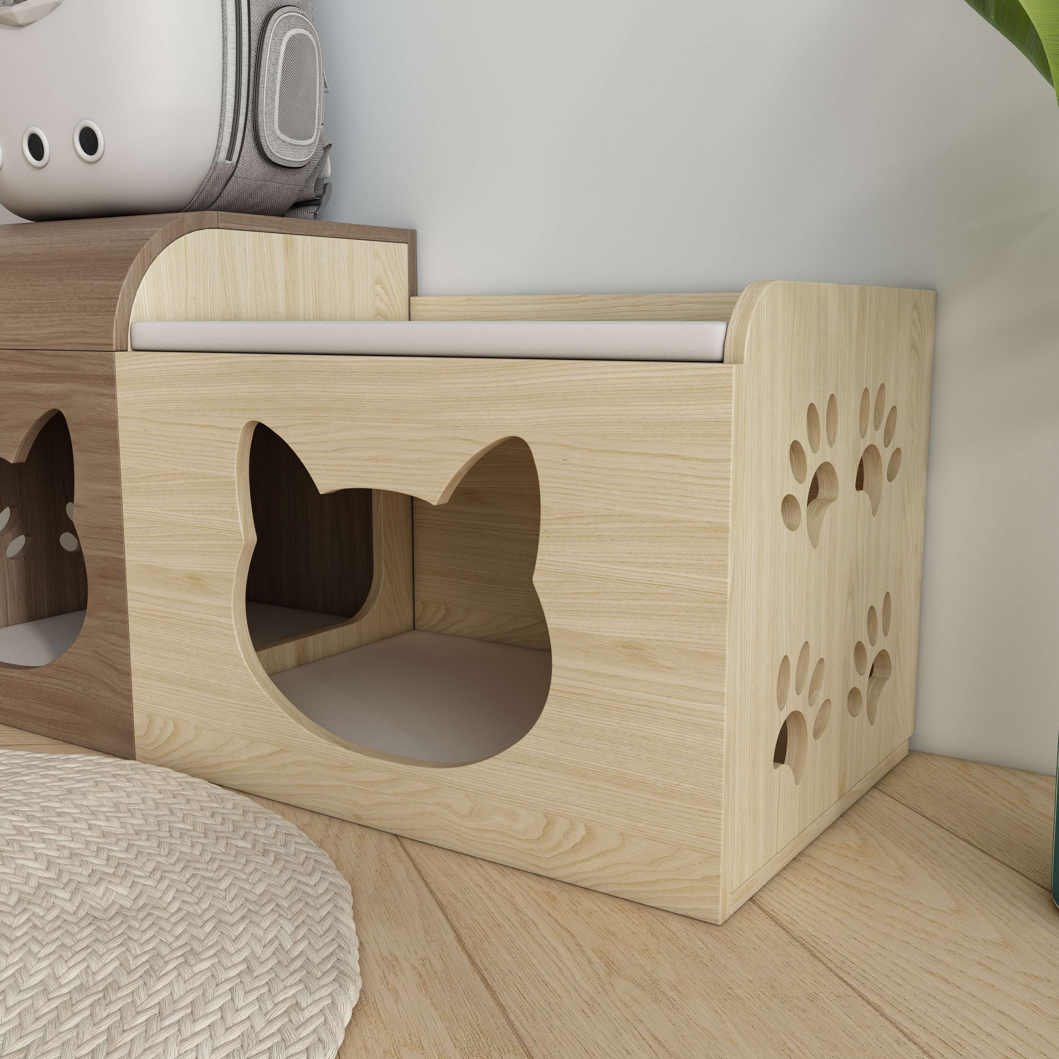 Two‑Tone Split‑Style Wooden Cat Cabinet with Cat‑Ear Nooks & Cushioned Storage Bench