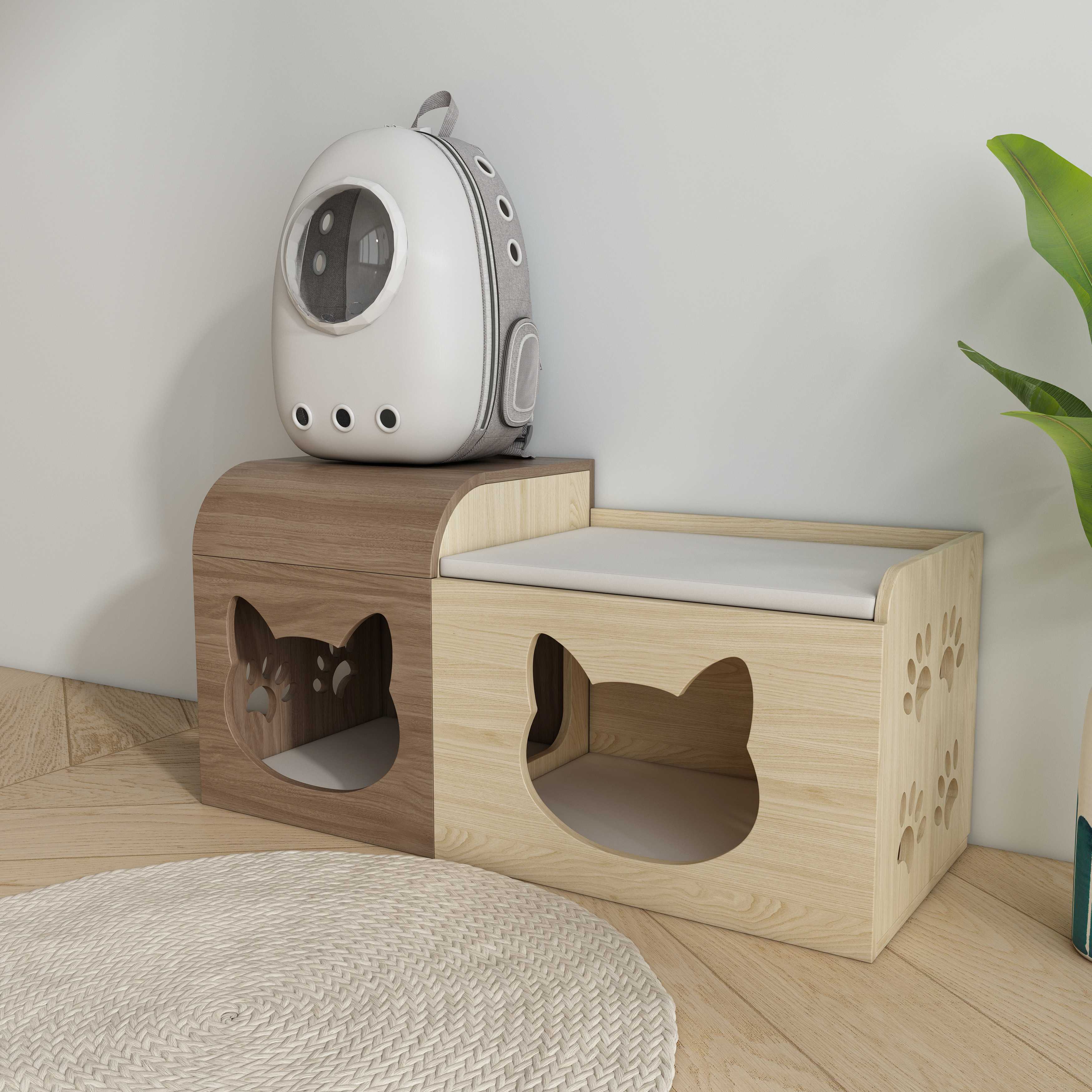 Two‑Tone Split‑Style Wooden Cat Cabinet with Cat‑Ear Nooks & Cushioned Storage Bench