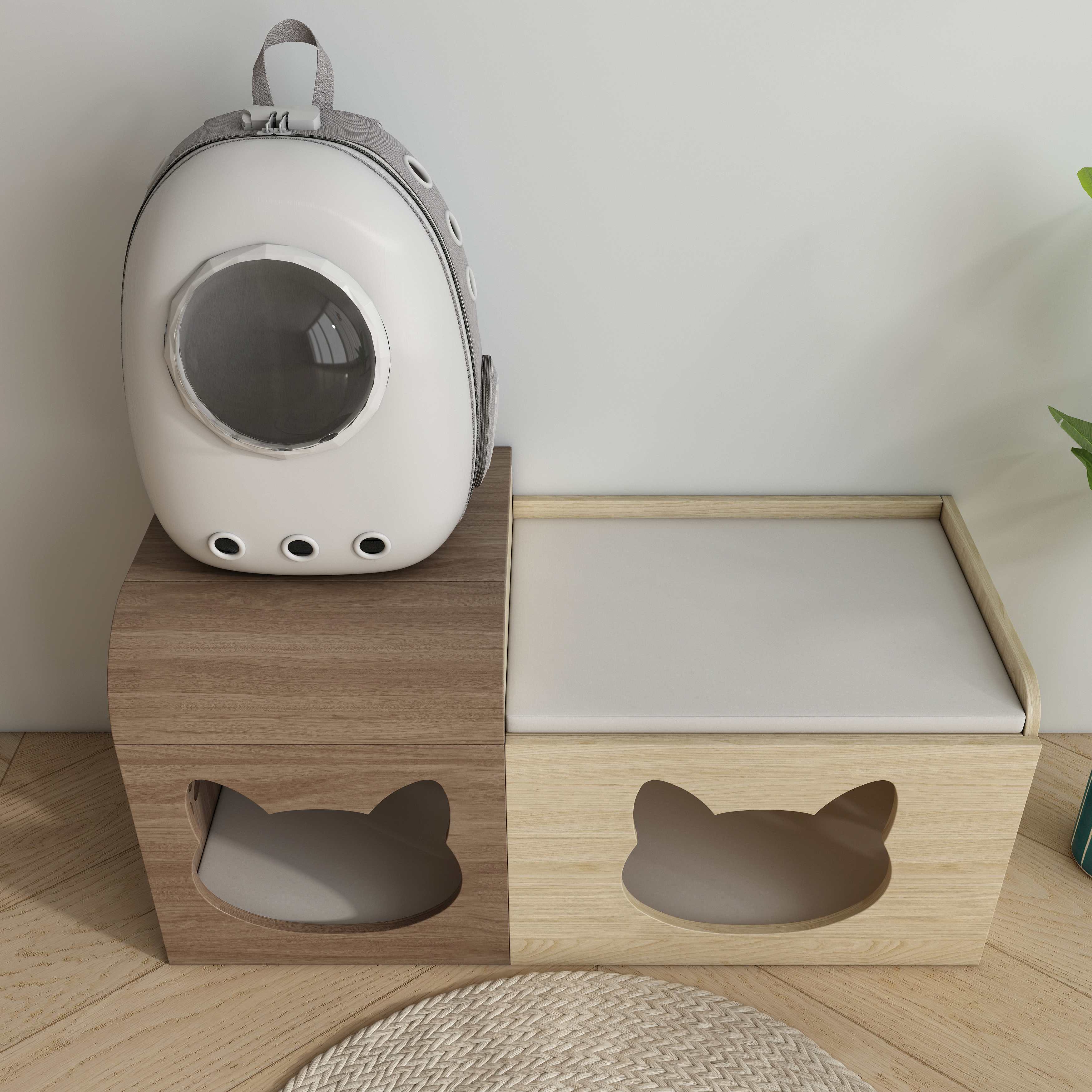 Two‑Tone Split‑Style Wooden Cat Cabinet with Cat‑Ear Nooks & Cushioned Storage Bench