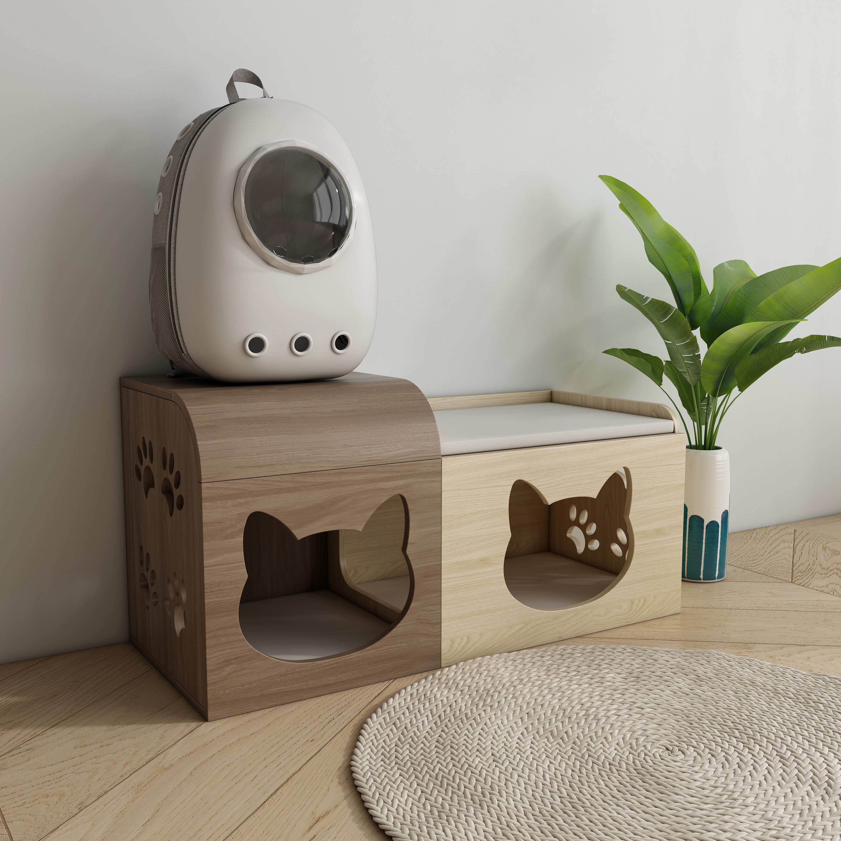 Two‑Tone Split‑Style Wooden Cat Cabinet with Cat‑Ear Nooks & Cushioned Storage Bench