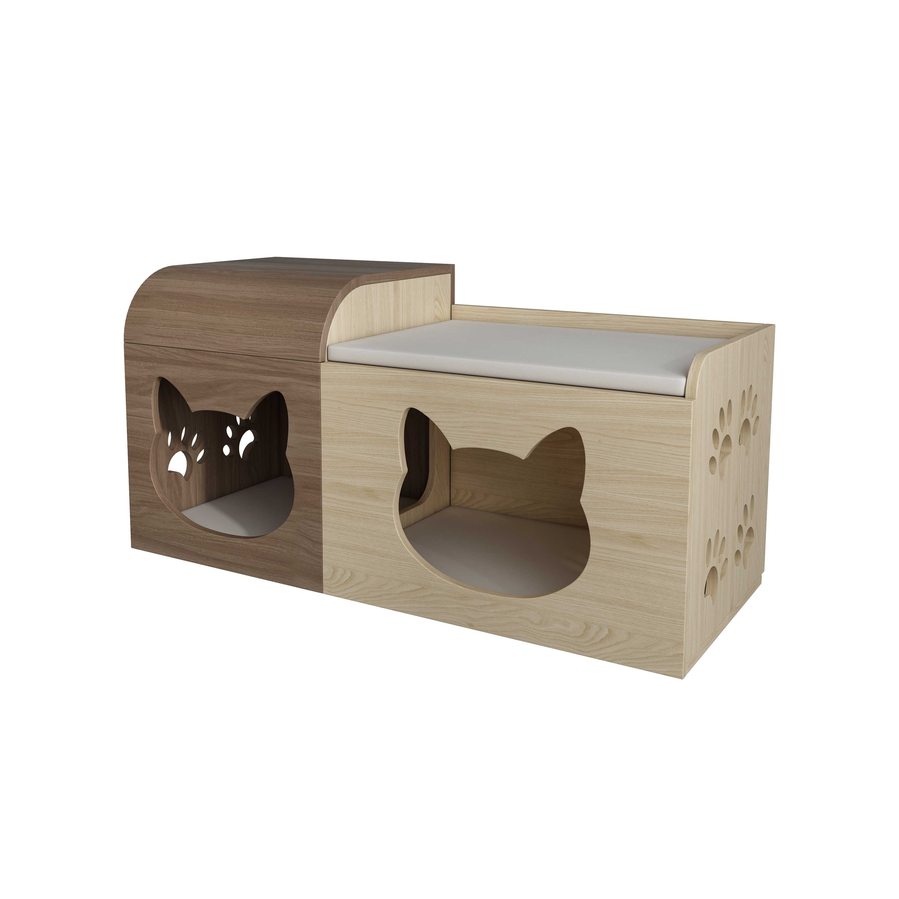 Two‑Tone Split‑Style Wooden Cat Cabinet with Cat‑Ear Nooks & Cushioned Storage Bench