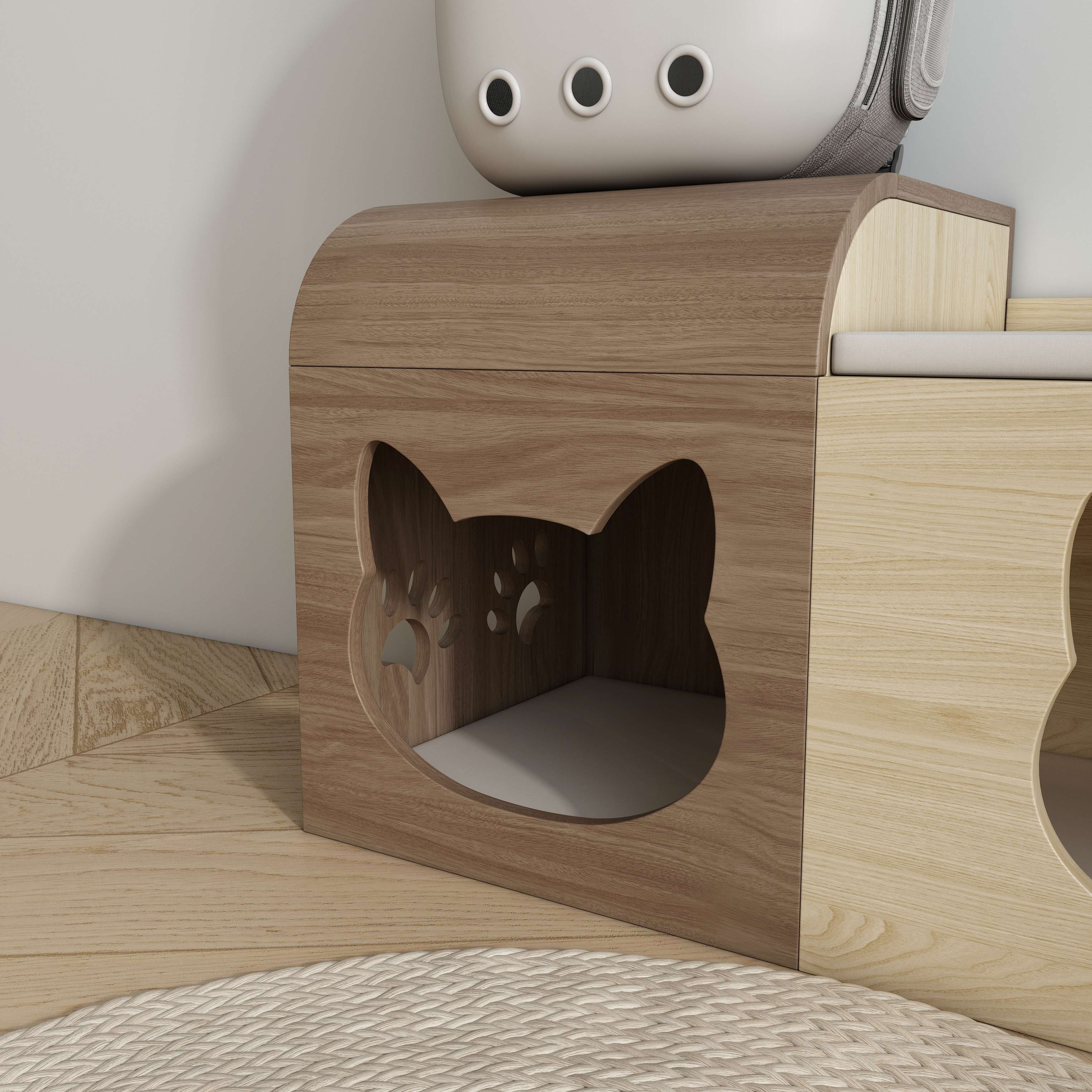 Two‑Tone Split‑Style Wooden Cat Cabinet with Cat‑Ear Nooks & Cushioned Storage Bench