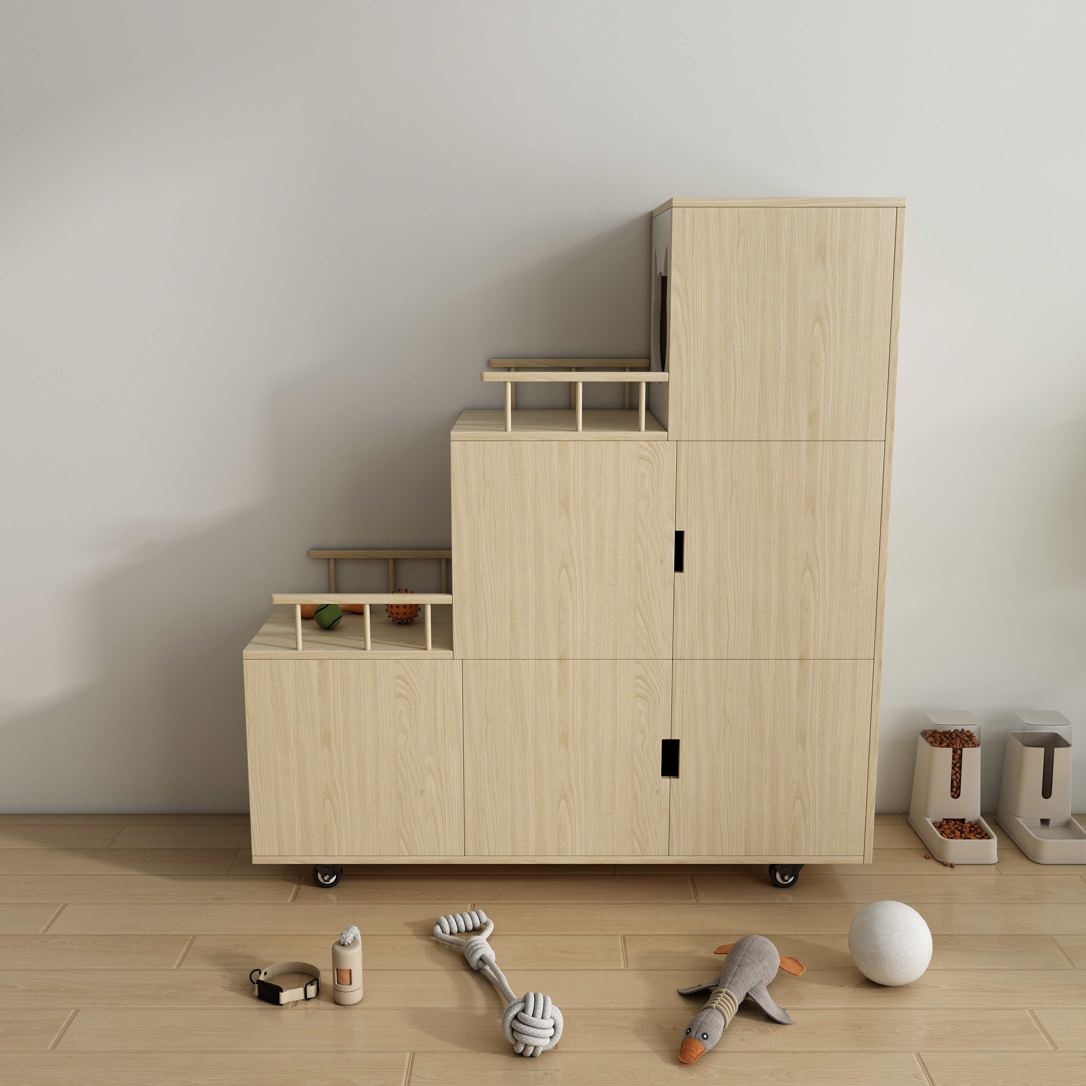 Tiered Natural Wood Cat Cabinet with Multi‑Level Perches, Hidden Storage & Mobile Base
