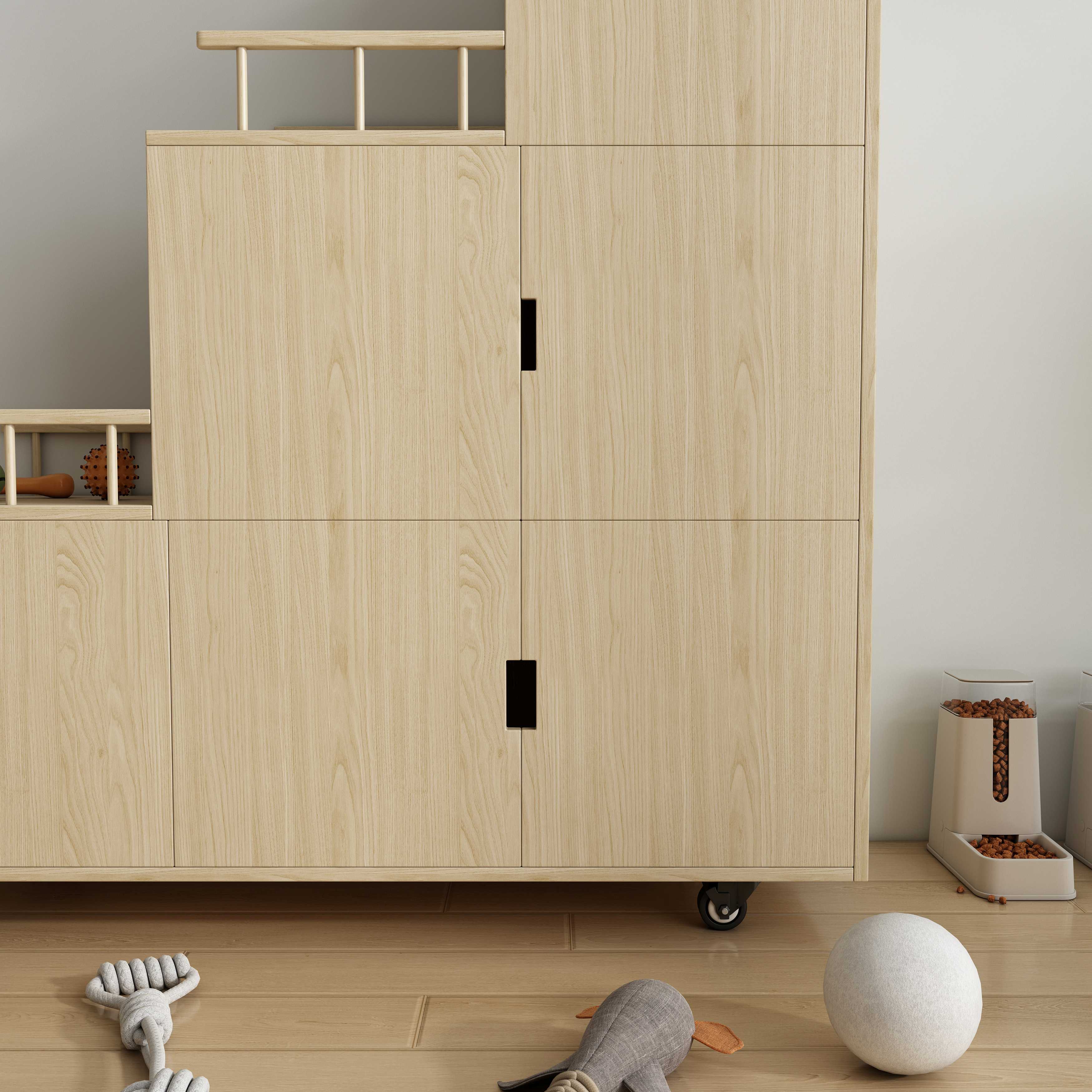 Tiered Natural Wood Cat Cabinet with Multi‑Level Perches, Hidden Storage & Mobile Base