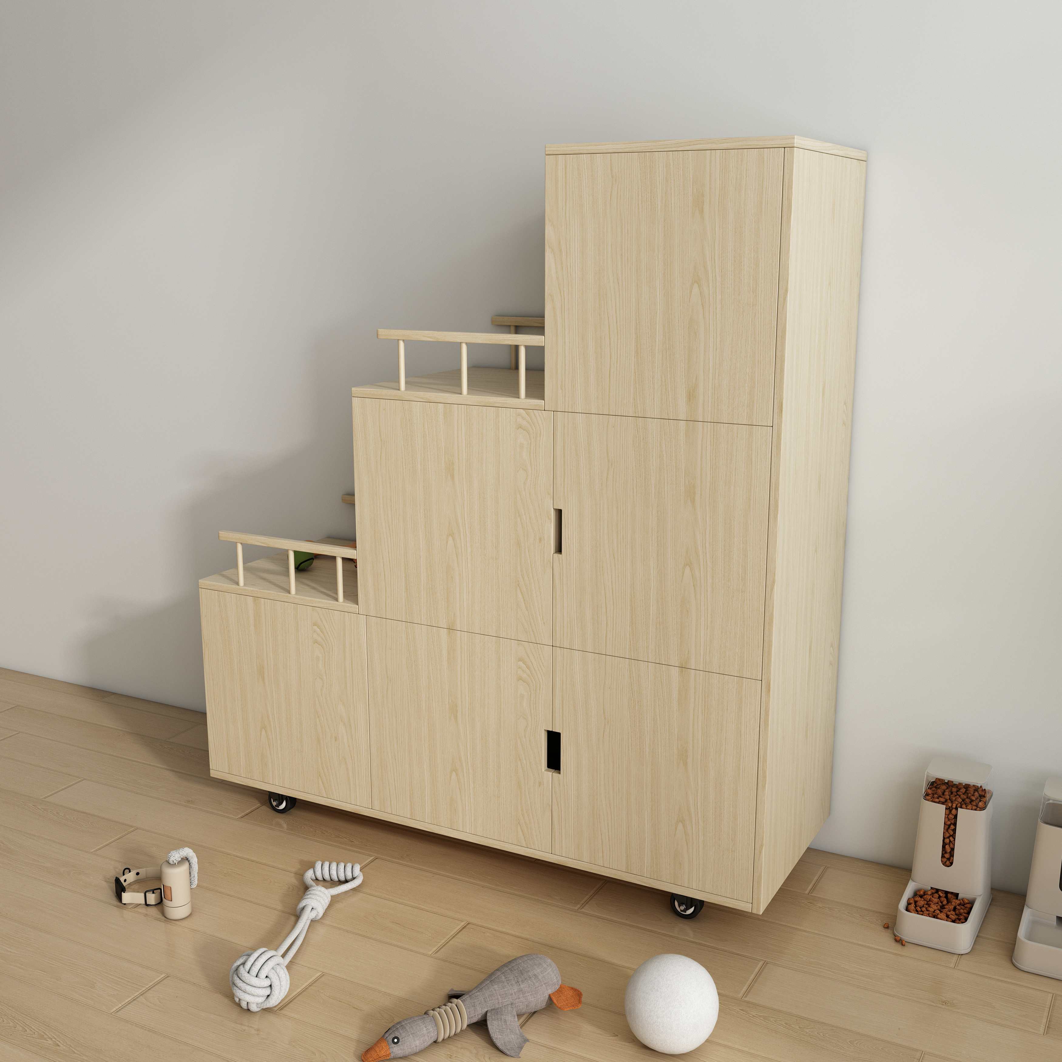 Tiered Natural Wood Cat Cabinet with Multi‑Level Perches, Hidden Storage & Mobile Base