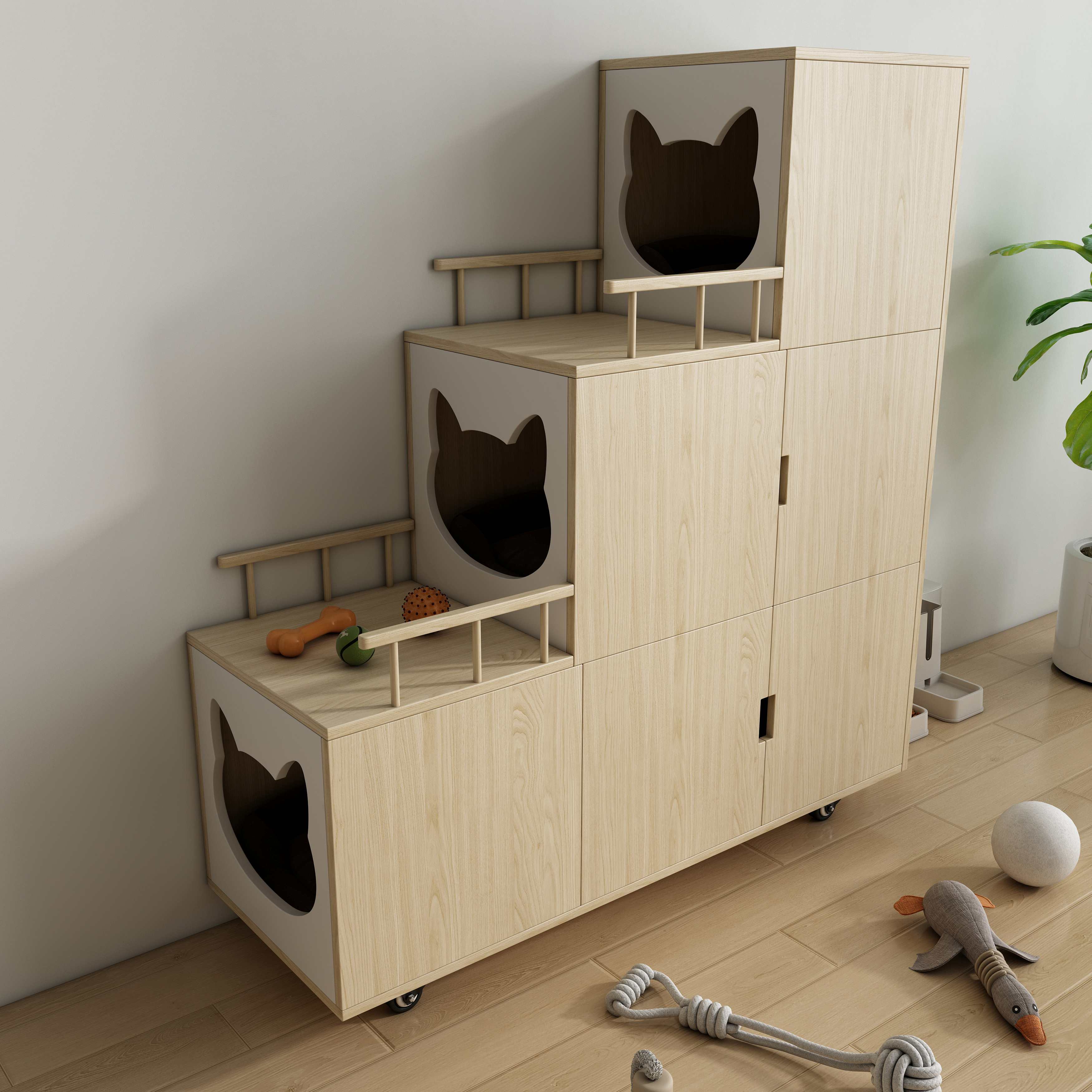 Tiered Natural Wood Cat Cabinet with Multi‑Level Perches, Hidden Storage & Mobile Base