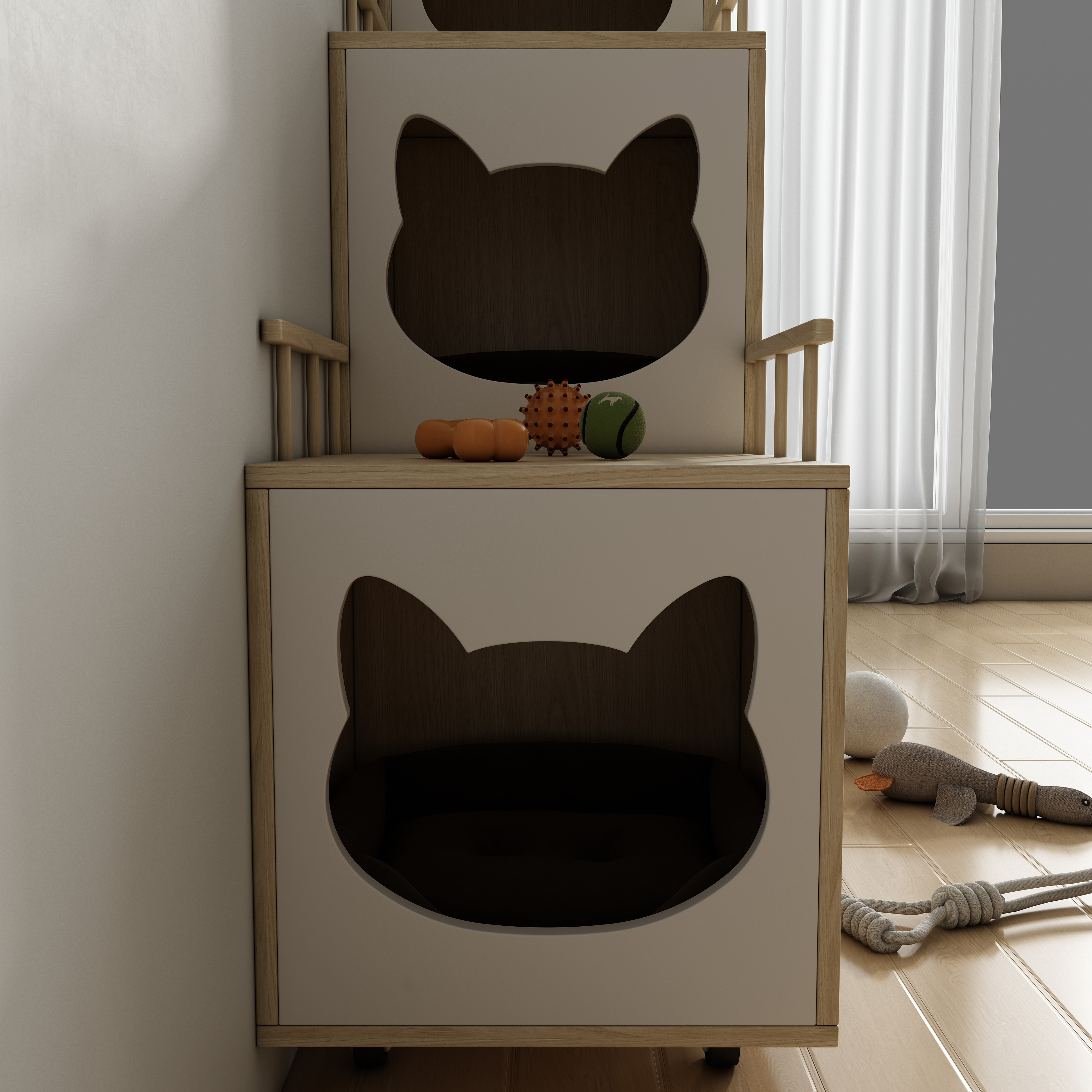 Tiered Natural Wood Cat Cabinet with Multi‑Level Perches, Hidden Storage & Mobile Base