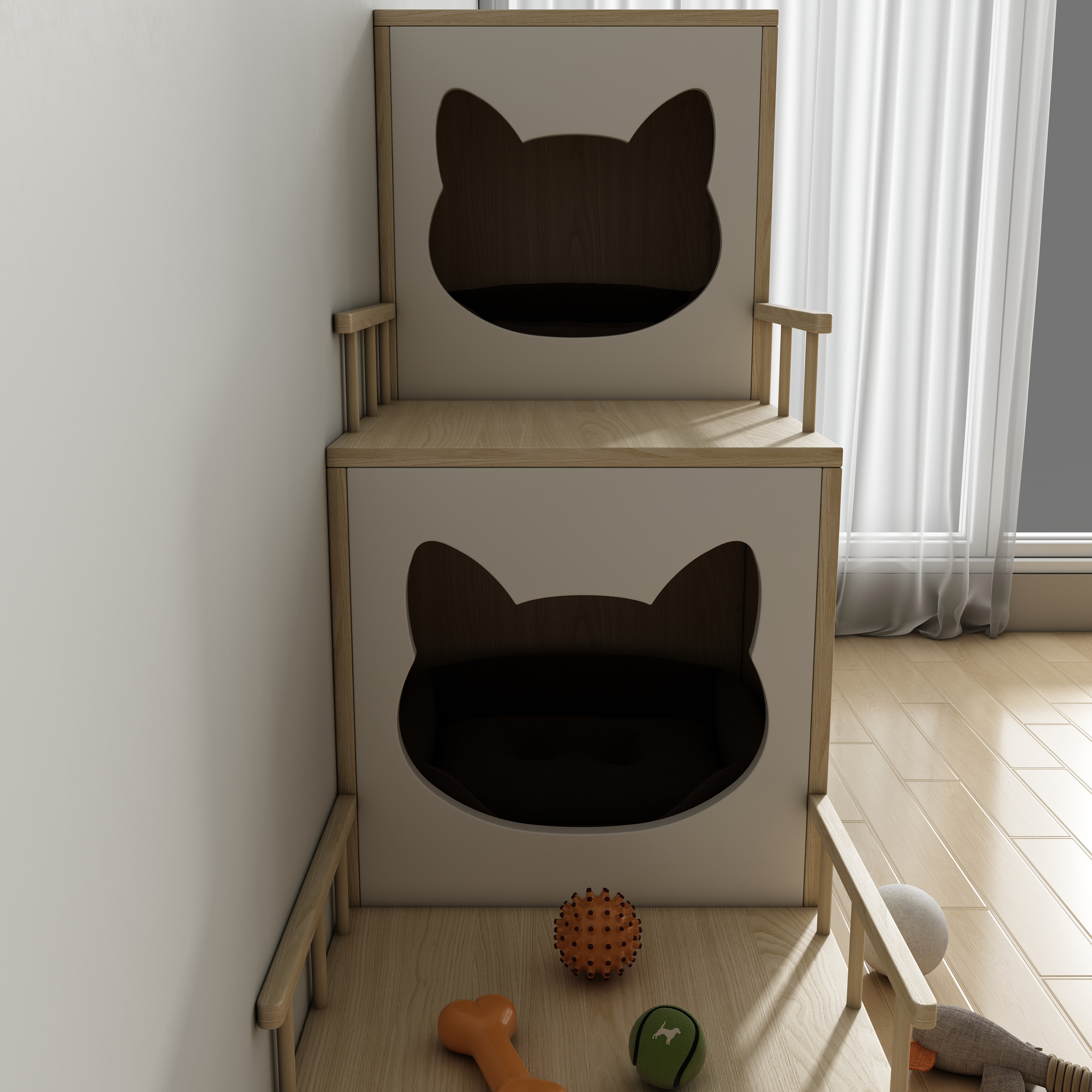 Tiered Natural Wood Cat Cabinet with Multi‑Level Perches, Hidden Storage & Mobile Base