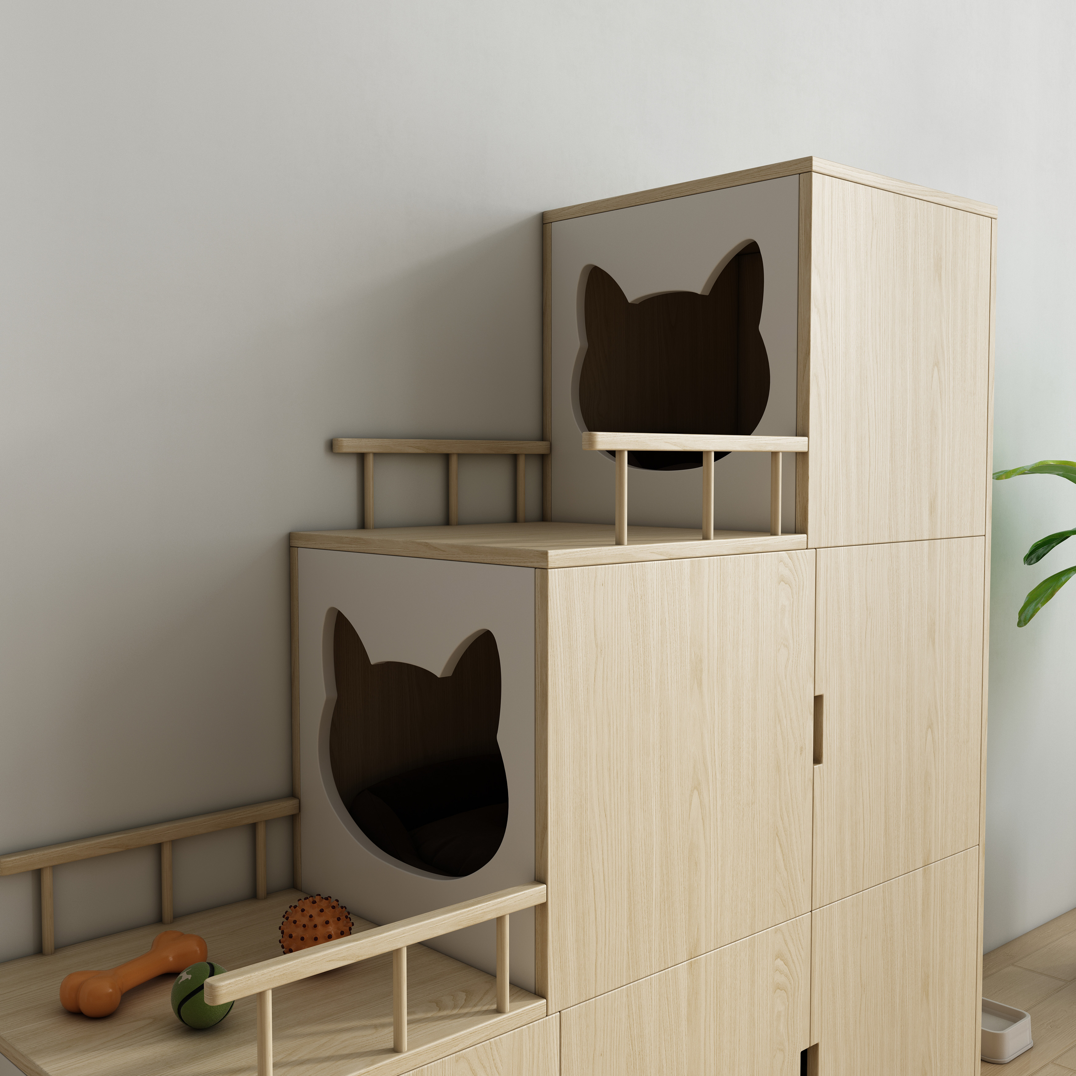 Tiered Natural Wood Cat Cabinet with Multi‑Level Perches, Hidden Storage & Mobile Base