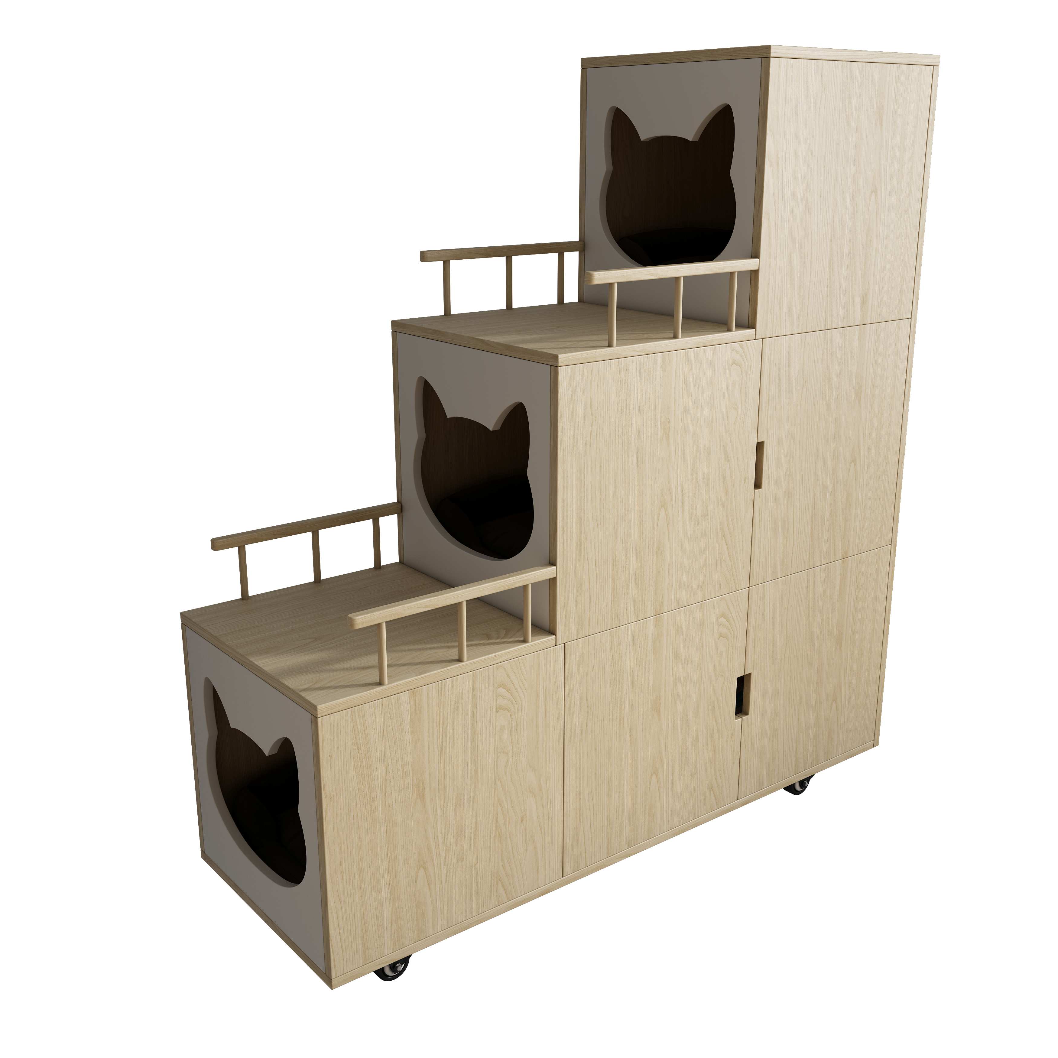 Tiered Natural Wood Cat Cabinet with Multi‑Level Perches, Hidden Storage & Mobile Base