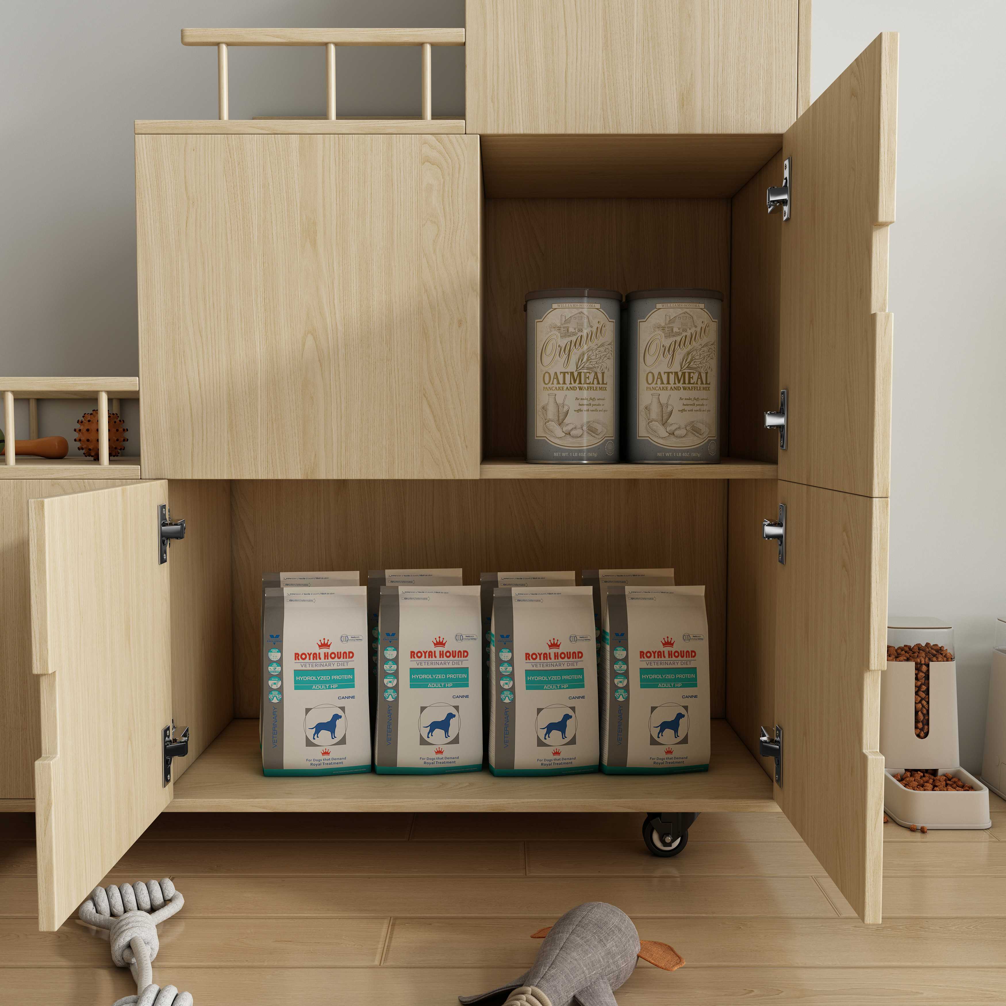 Tiered Natural Wood Cat Cabinet with Multi‑Level Perches, Hidden Storage & Mobile Base