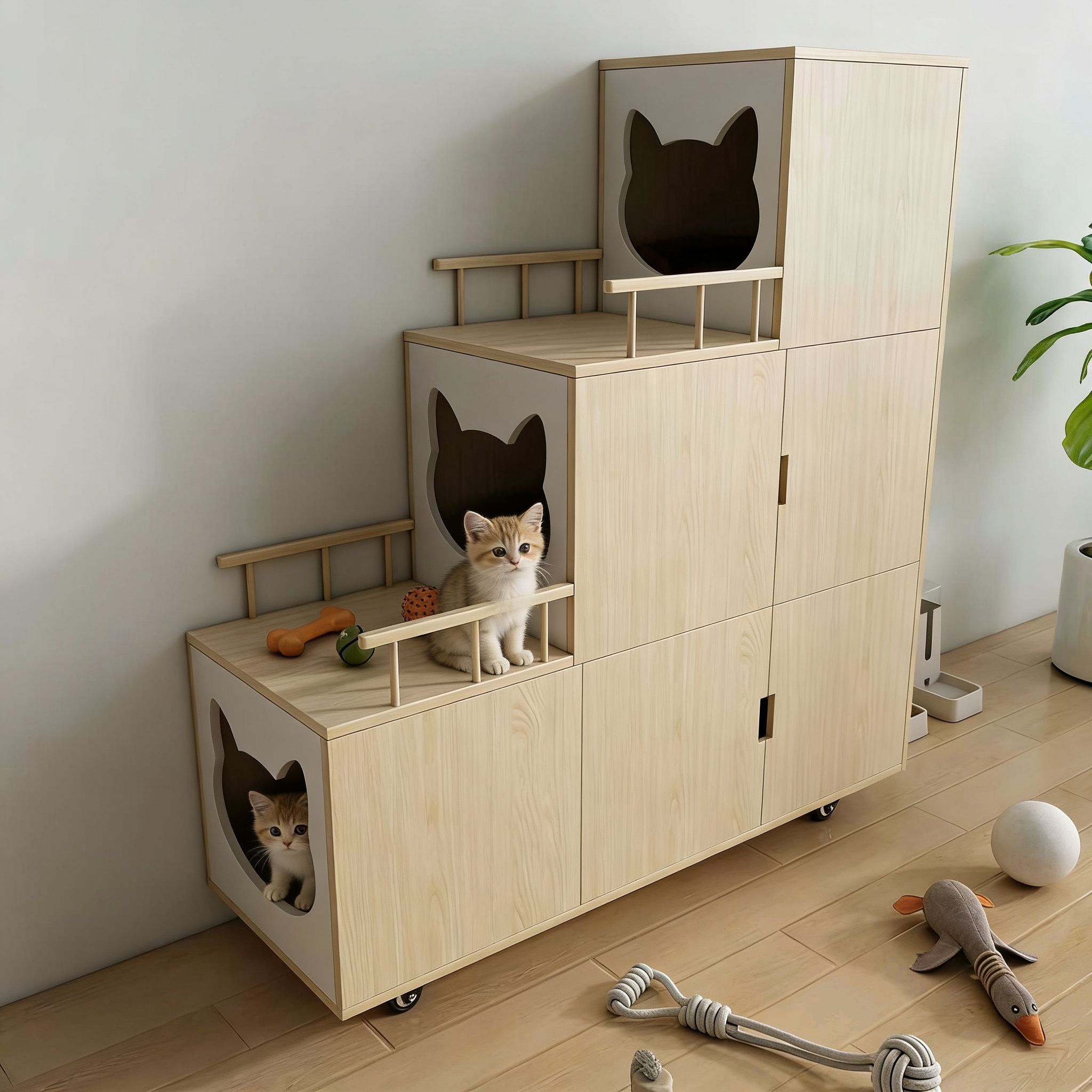 Tiered Natural Wood Cat Cabinet with Multi‑Level Perches, Hidden Storage & Mobile Base