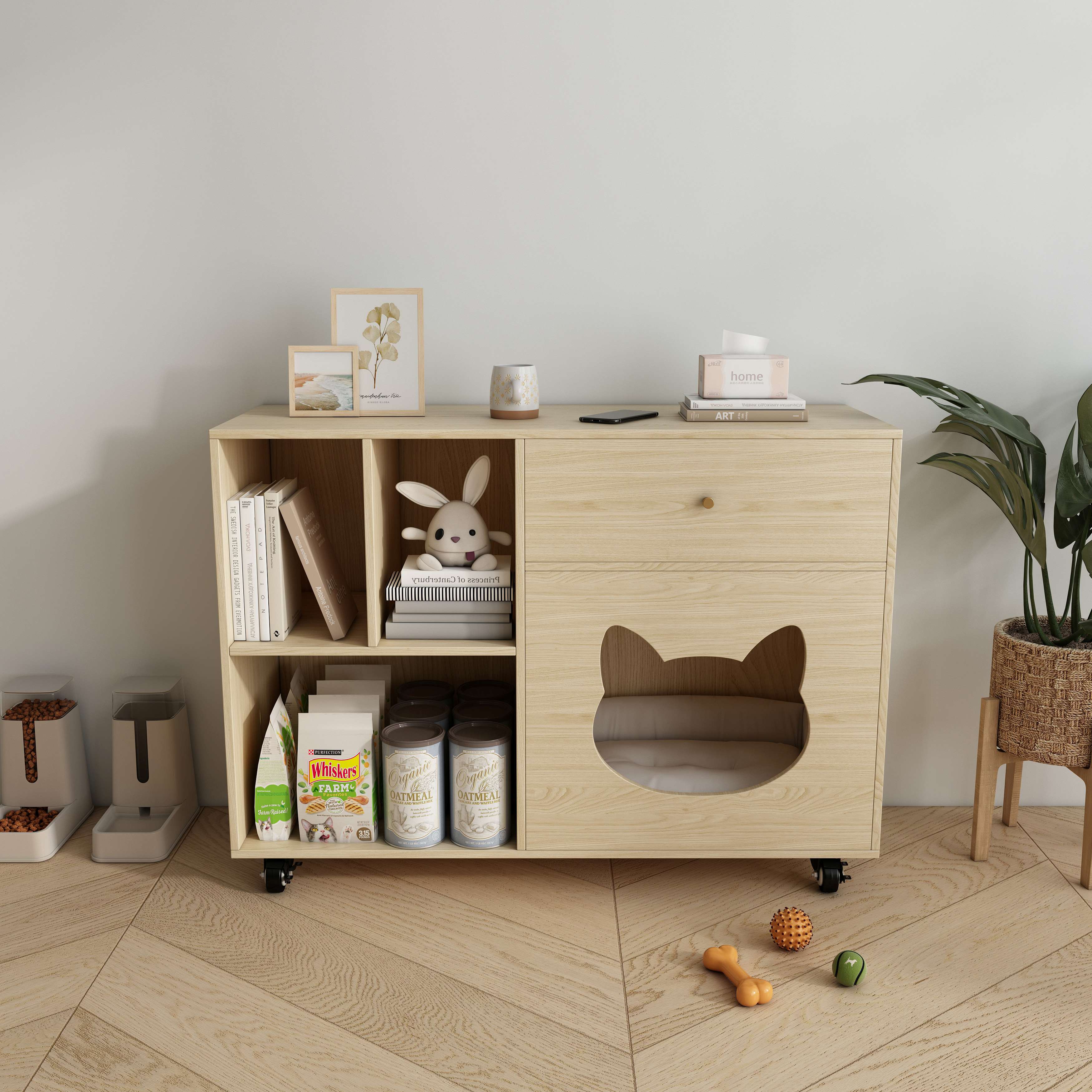 Multi‑Purpose Wooden Cat Storage Cabinet with Cat‑Ear Nook, Open Shelves & Mobile Base