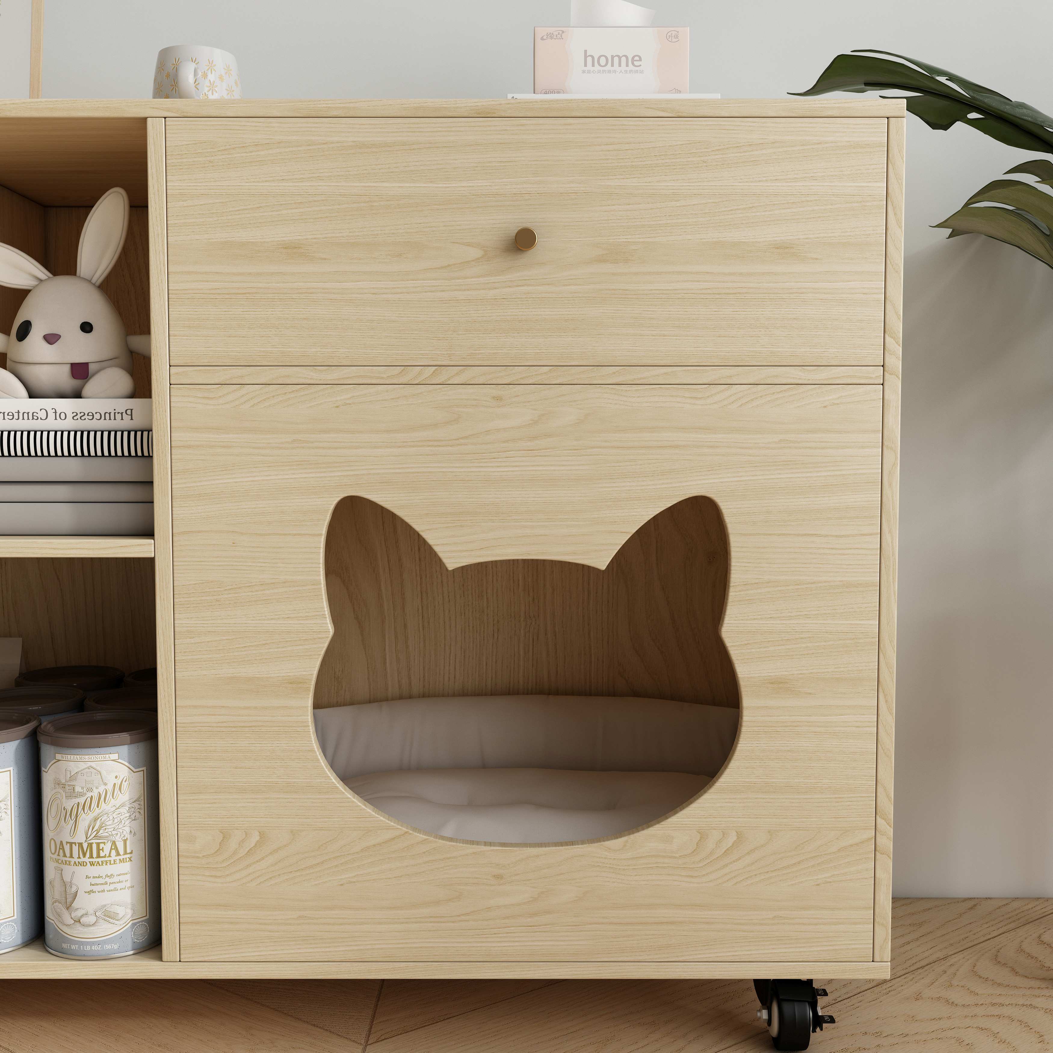Multi‑Purpose Wooden Cat Storage Cabinet with Cat‑Ear Nook, Open Shelves & Mobile Base