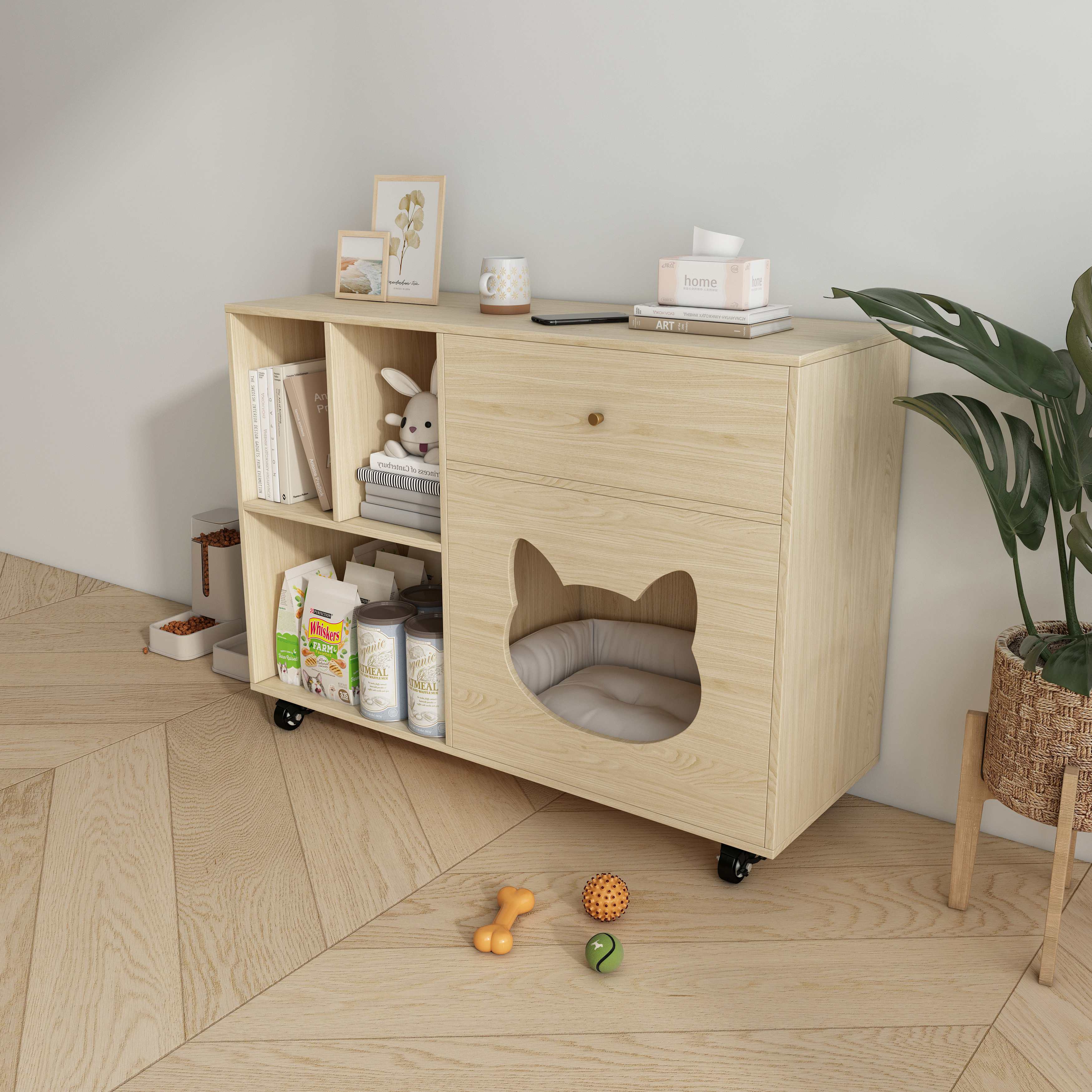 Multi‑Purpose Wooden Cat Storage Cabinet with Cat‑Ear Nook, Open Shelves & Mobile Base