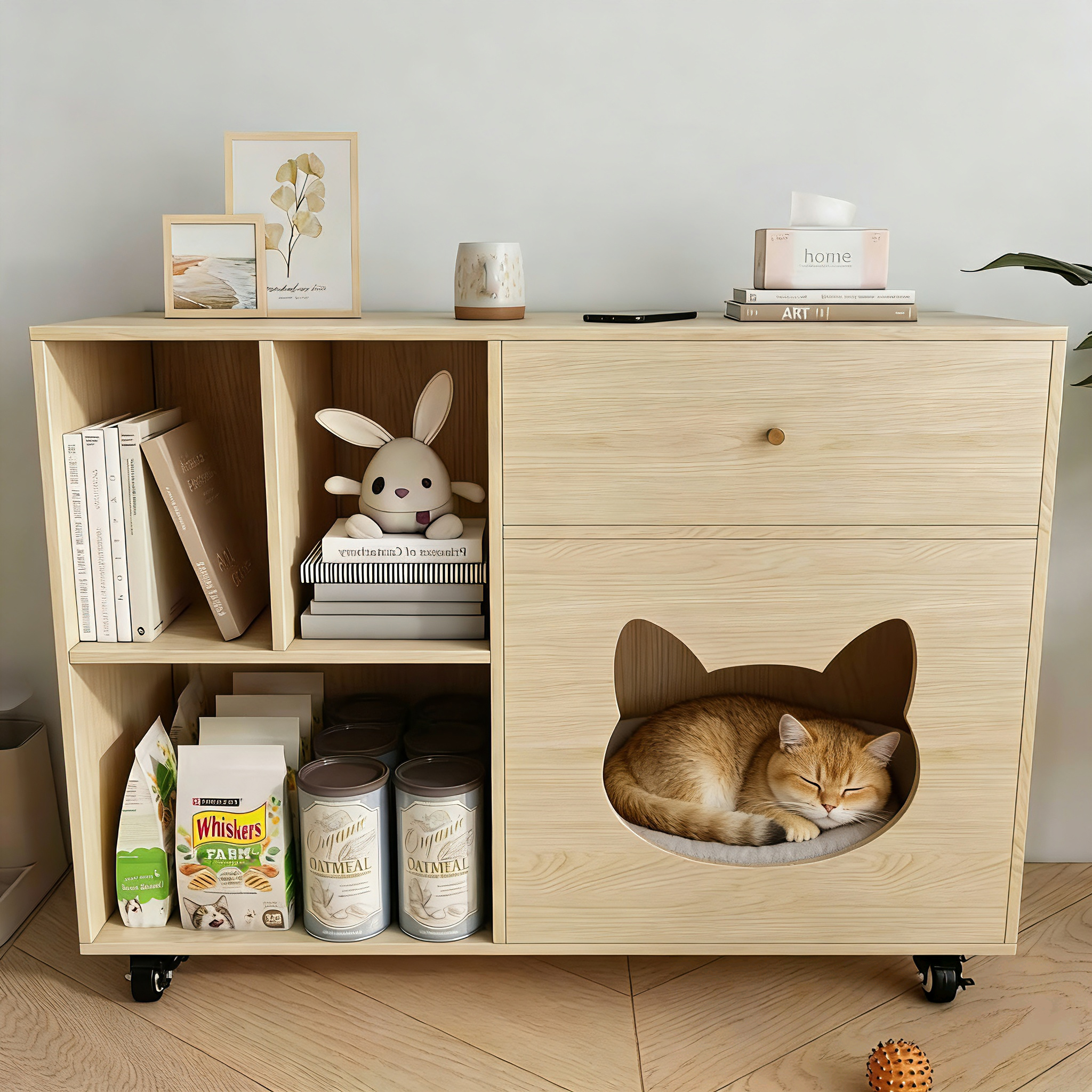 Multi‑Purpose Wooden Cat Storage Cabinet with Cat‑Ear Nook, Open Shelves & Mobile Base