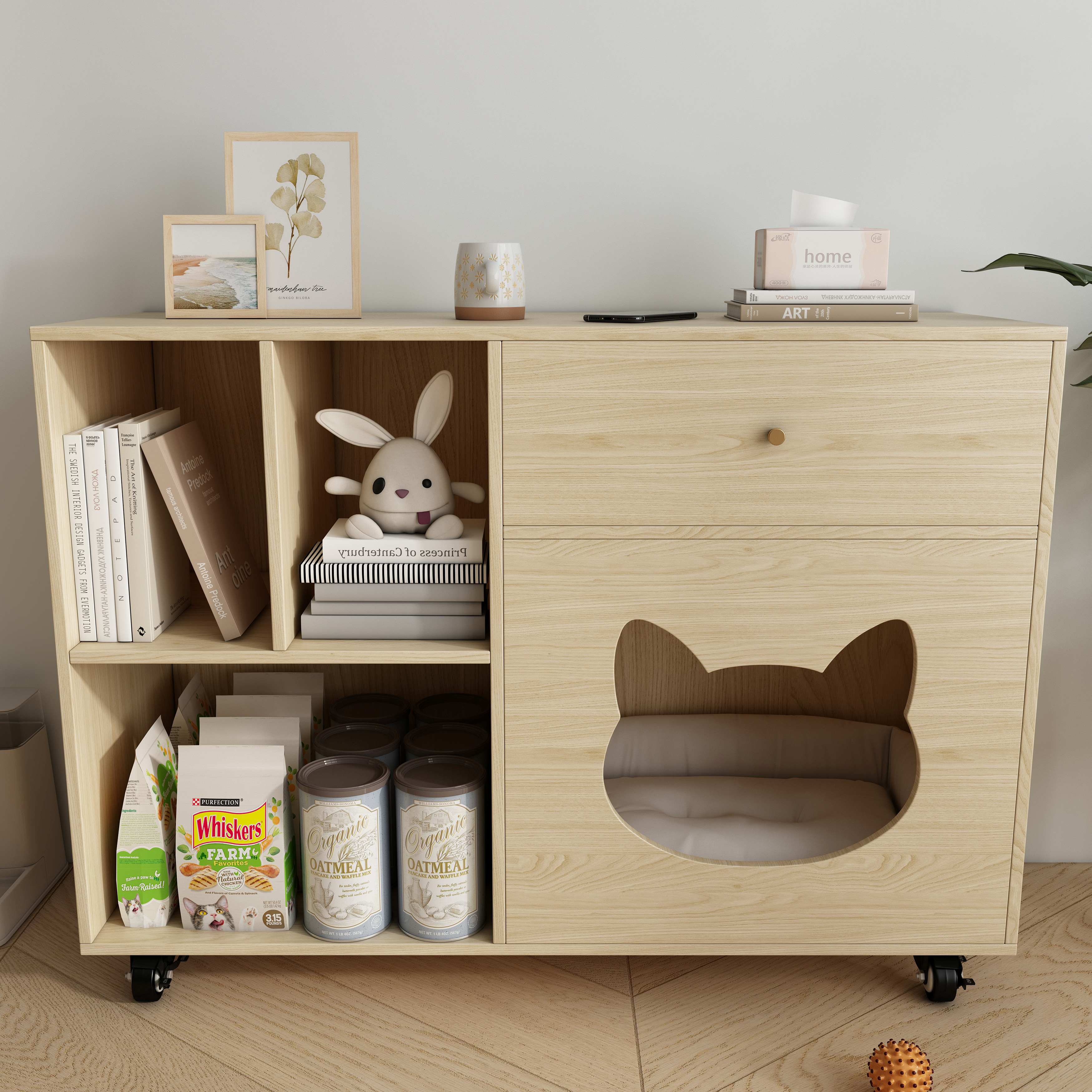 Multi‑Purpose Wooden Cat Storage Cabinet with Cat‑Ear Nook, Open Shelves & Mobile Base