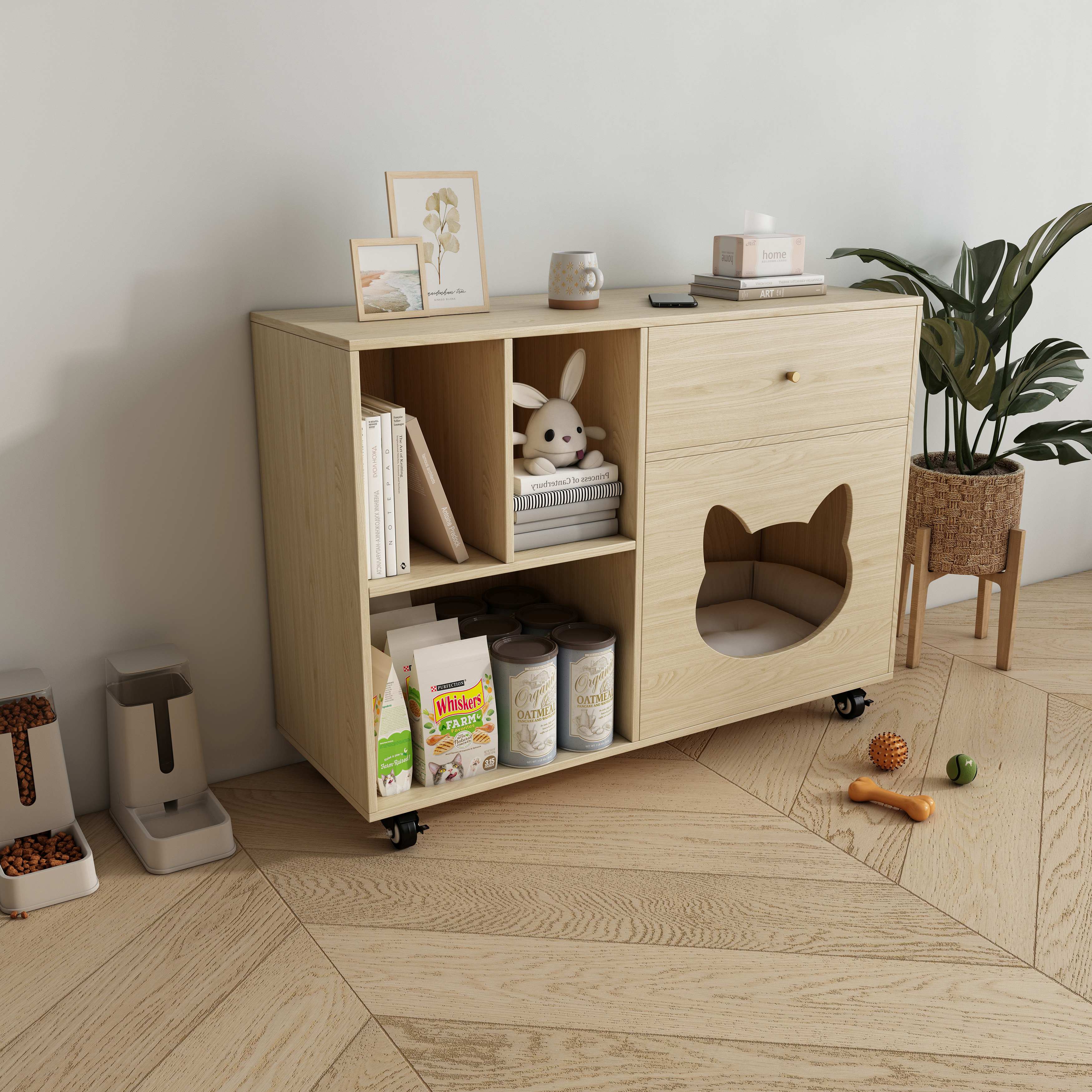 Multi‑Purpose Wooden Cat Storage Cabinet with Cat‑Ear Nook, Open Shelves & Mobile Base