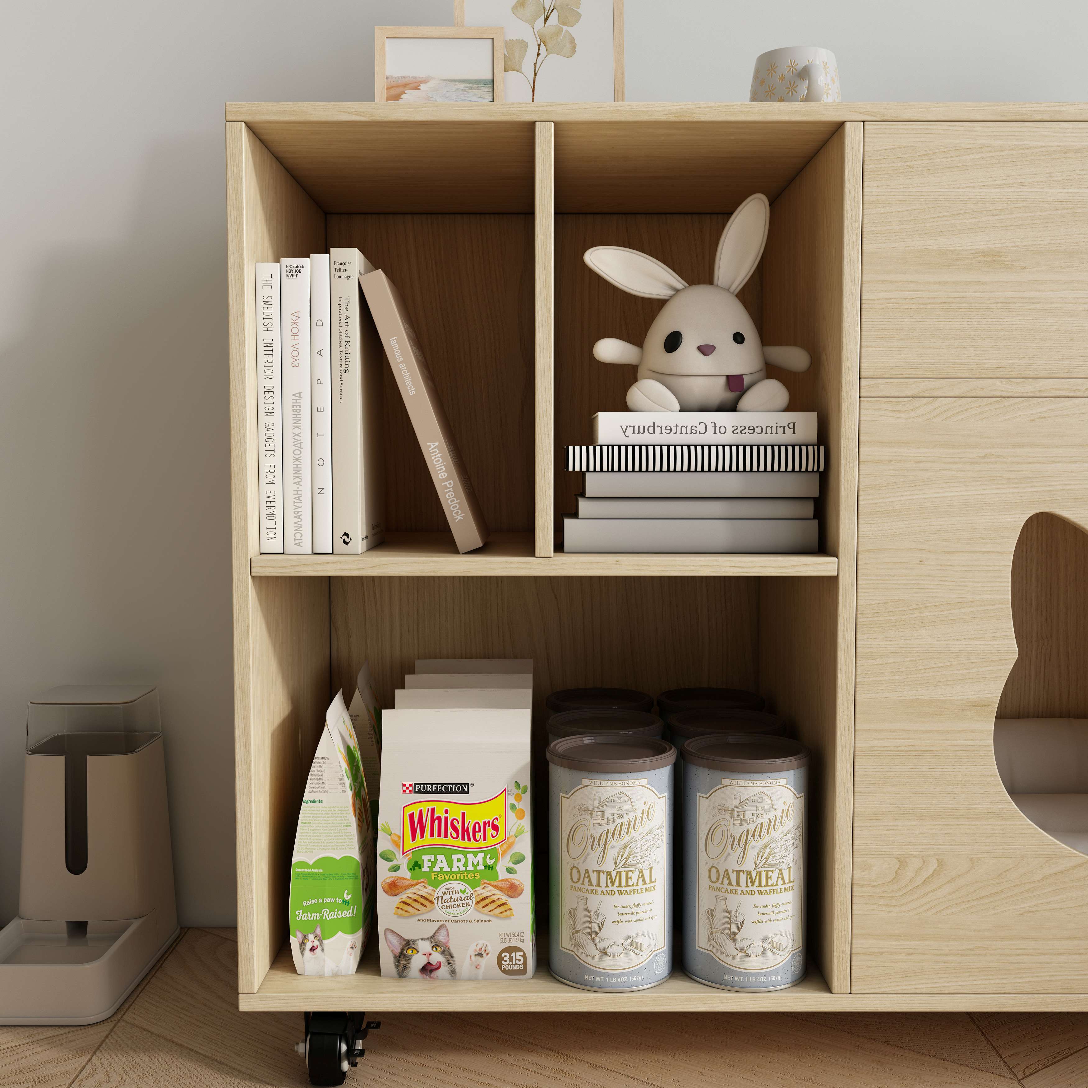 Multi‑Purpose Wooden Cat Storage Cabinet with Cat‑Ear Nook, Open Shelves & Mobile Base