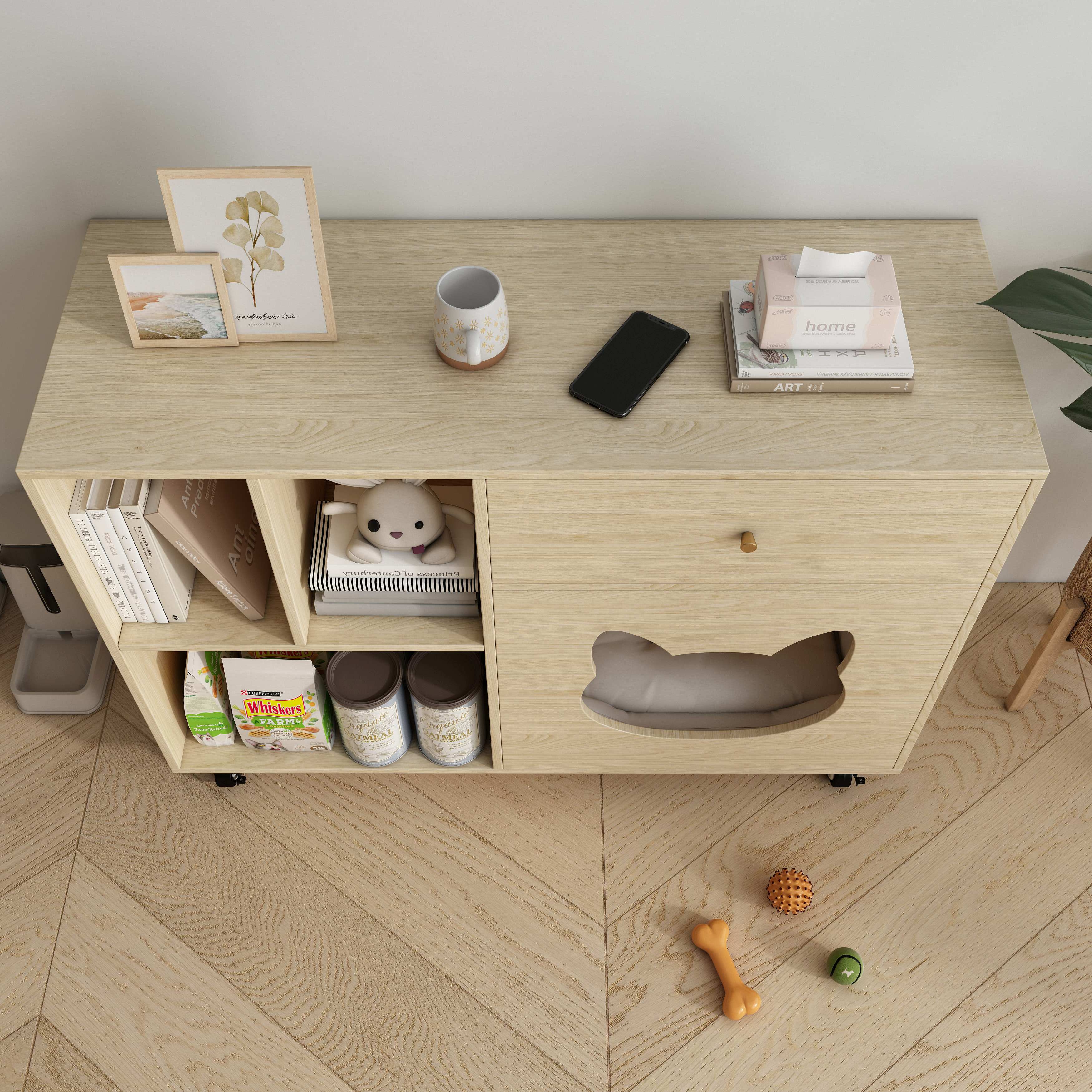 Multi‑Purpose Wooden Cat Storage Cabinet with Cat‑Ear Nook, Open Shelves & Mobile Base