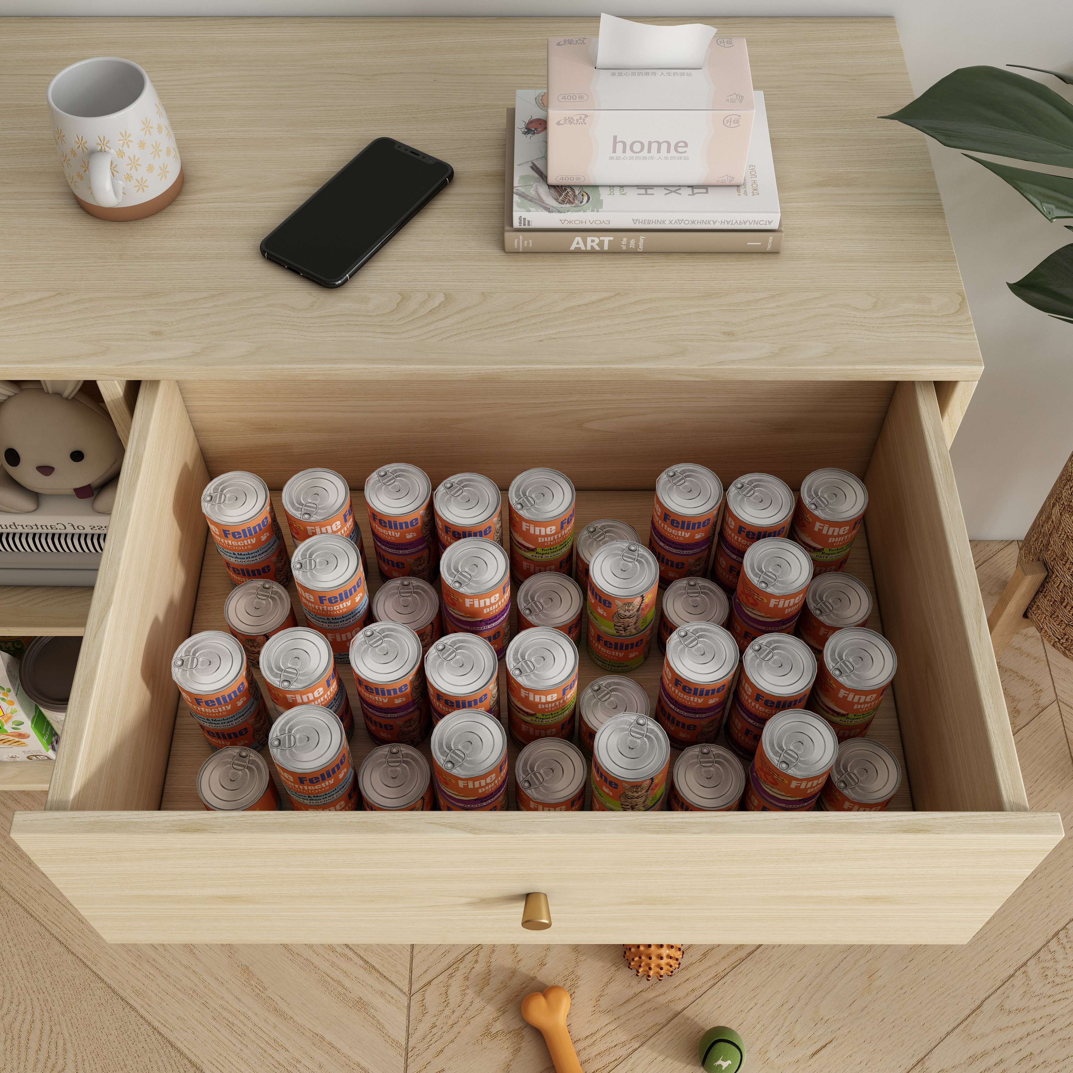 Multi‑Purpose Wooden Cat Storage Cabinet with Cat‑Ear Nook, Open Shelves & Mobile Base