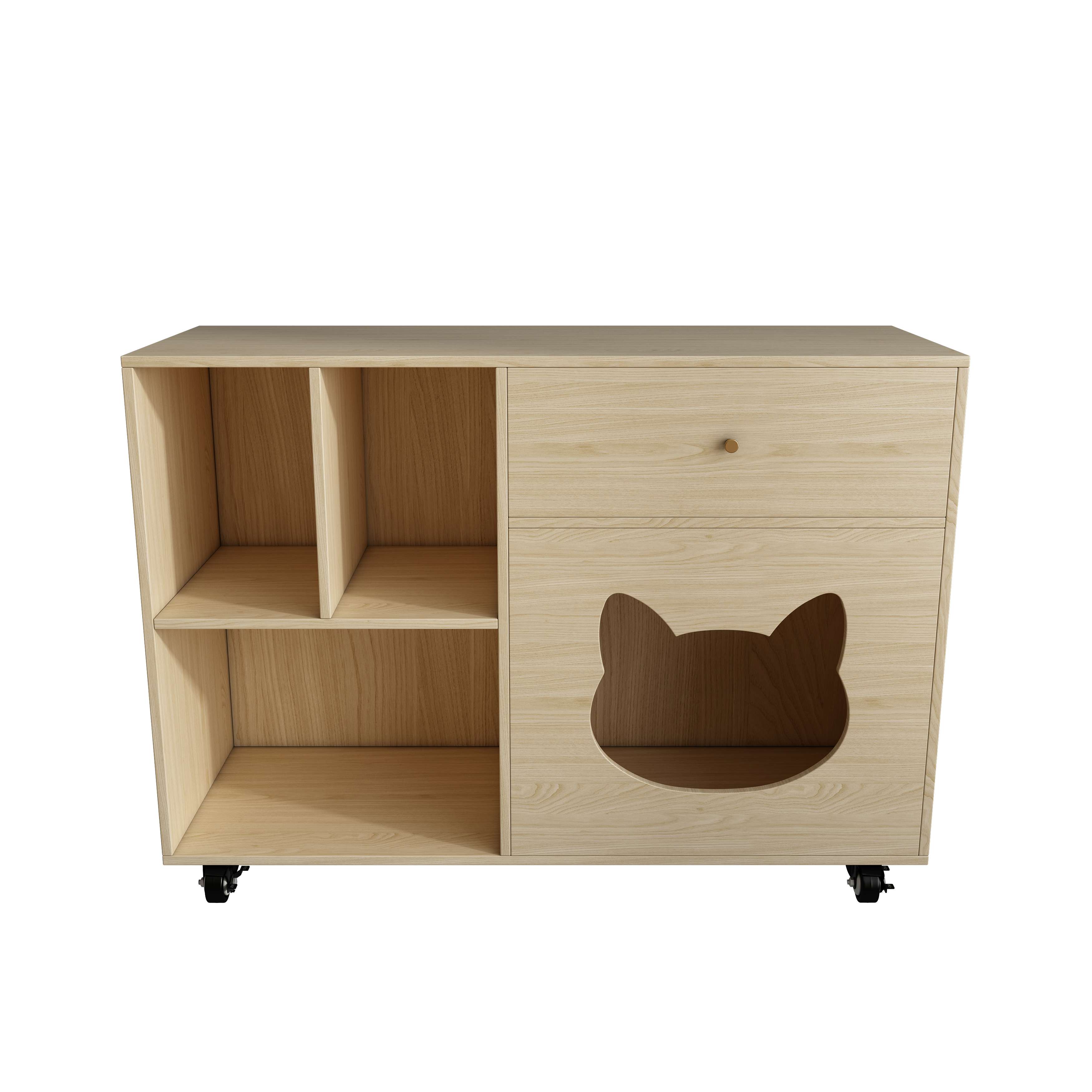 Multi‑Purpose Wooden Cat Storage Cabinet with Cat‑Ear Nook, Open Shelves & Mobile Base