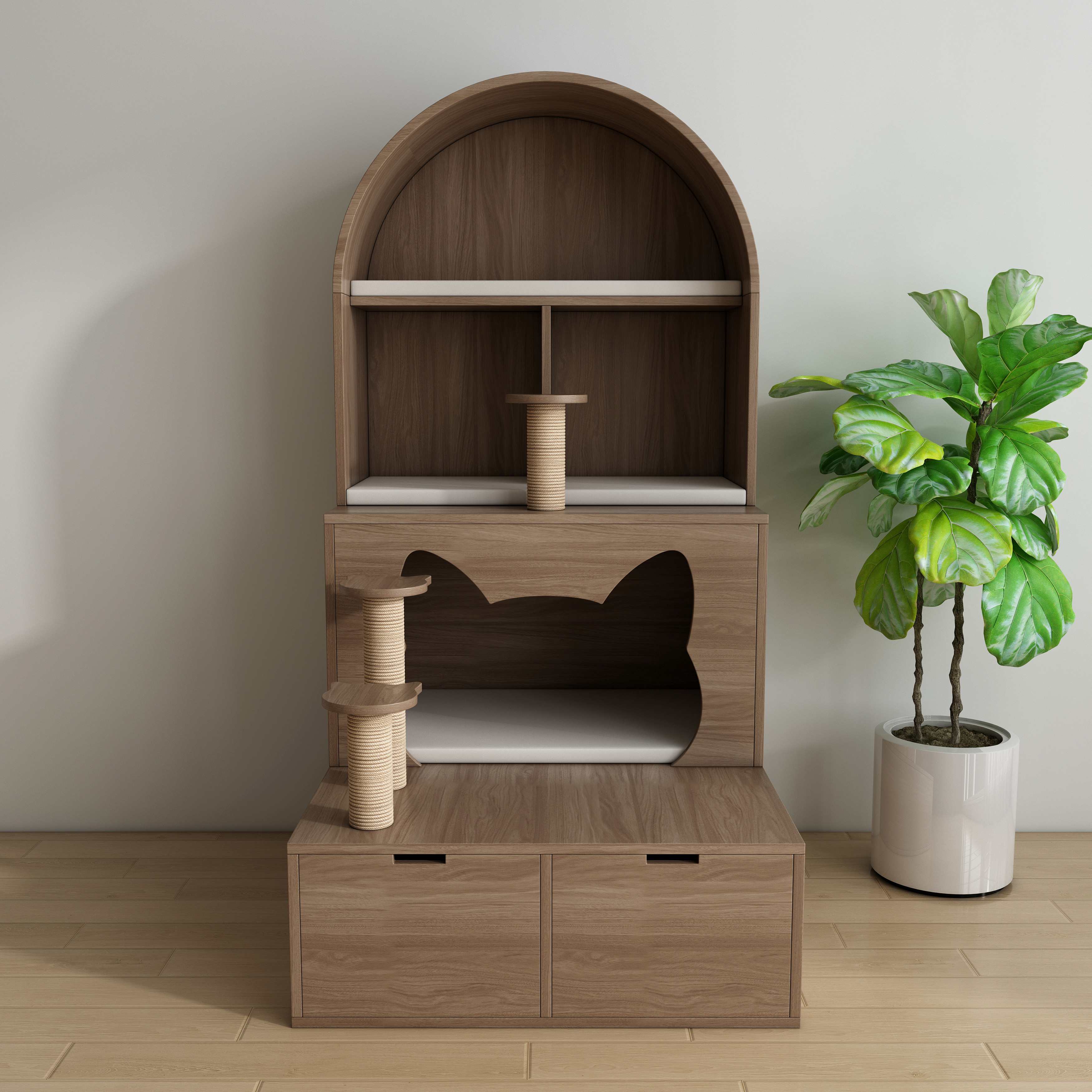 Arched Wooden Cat Tower with Sisal Posts, Cat‑Ear Hideaway & Storage Drawers