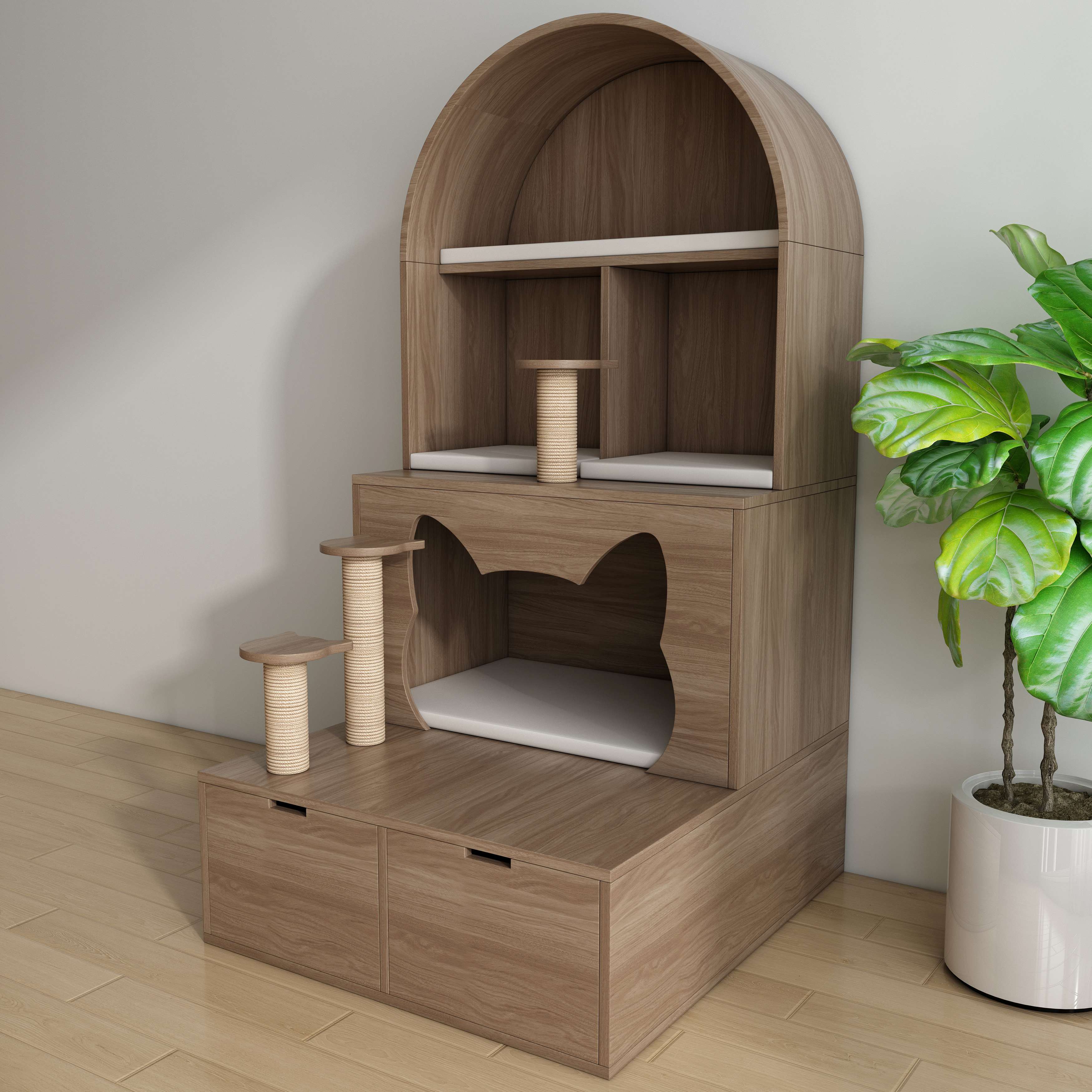 Arched Wooden Cat Tower with Sisal Posts, Cat‑Ear Hideaway & Storage Drawers