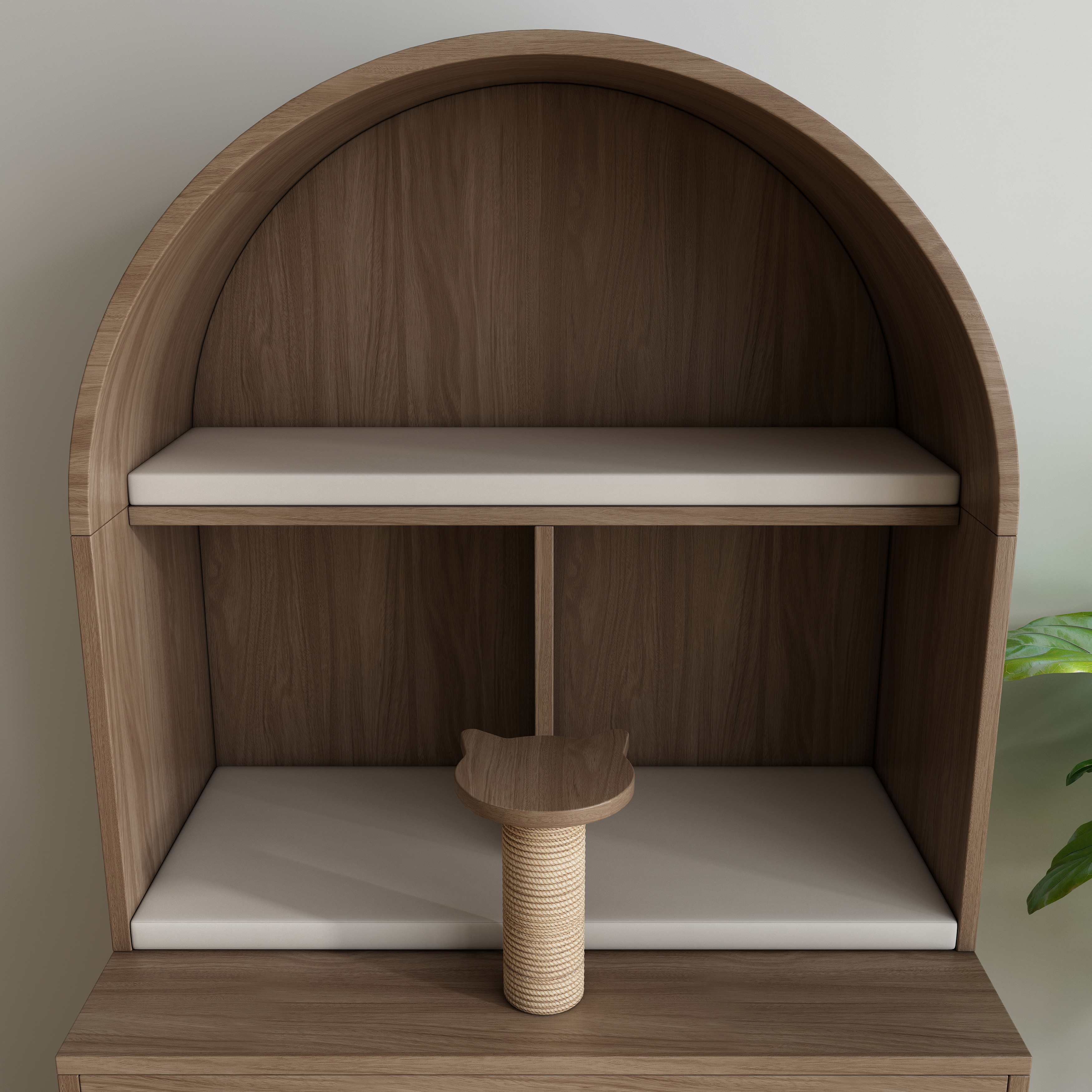Arched Wooden Cat Tower with Sisal Posts, Cat‑Ear Hideaway & Storage Drawers