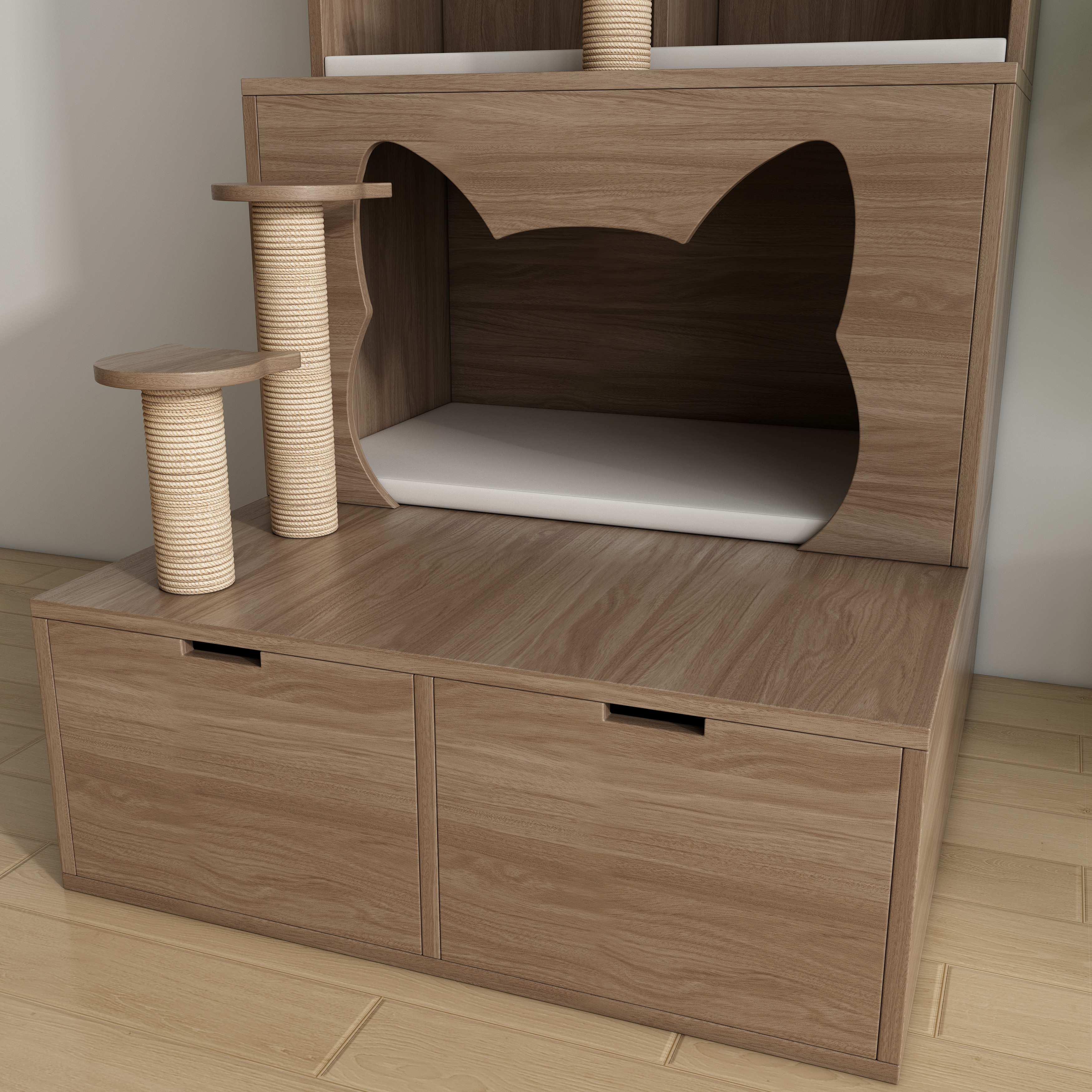 Arched Wooden Cat Tower with Sisal Posts, Cat‑Ear Hideaway & Storage Drawers