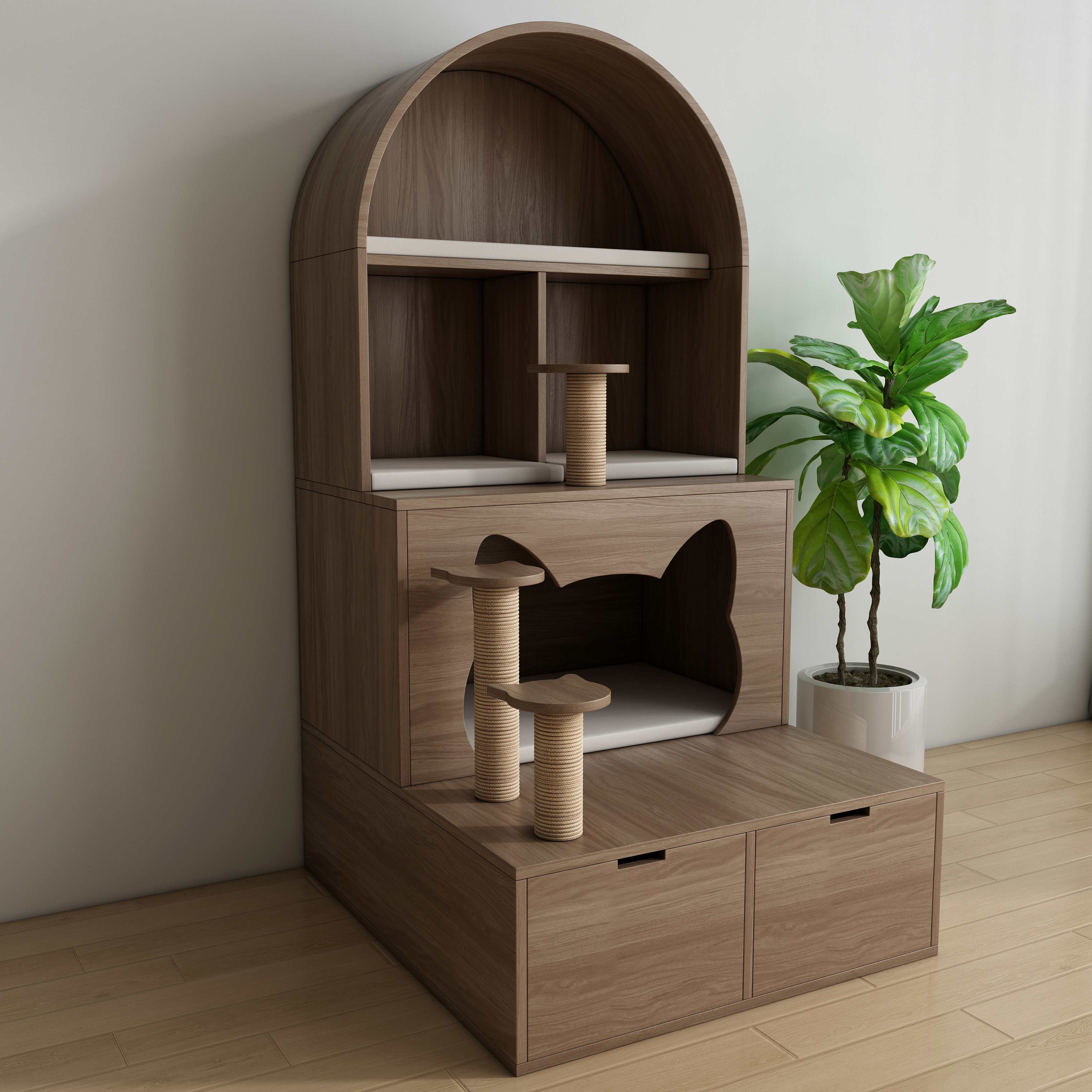 Arched Wooden Cat Tower with Sisal Posts, Cat‑Ear Hideaway & Storage Drawers
