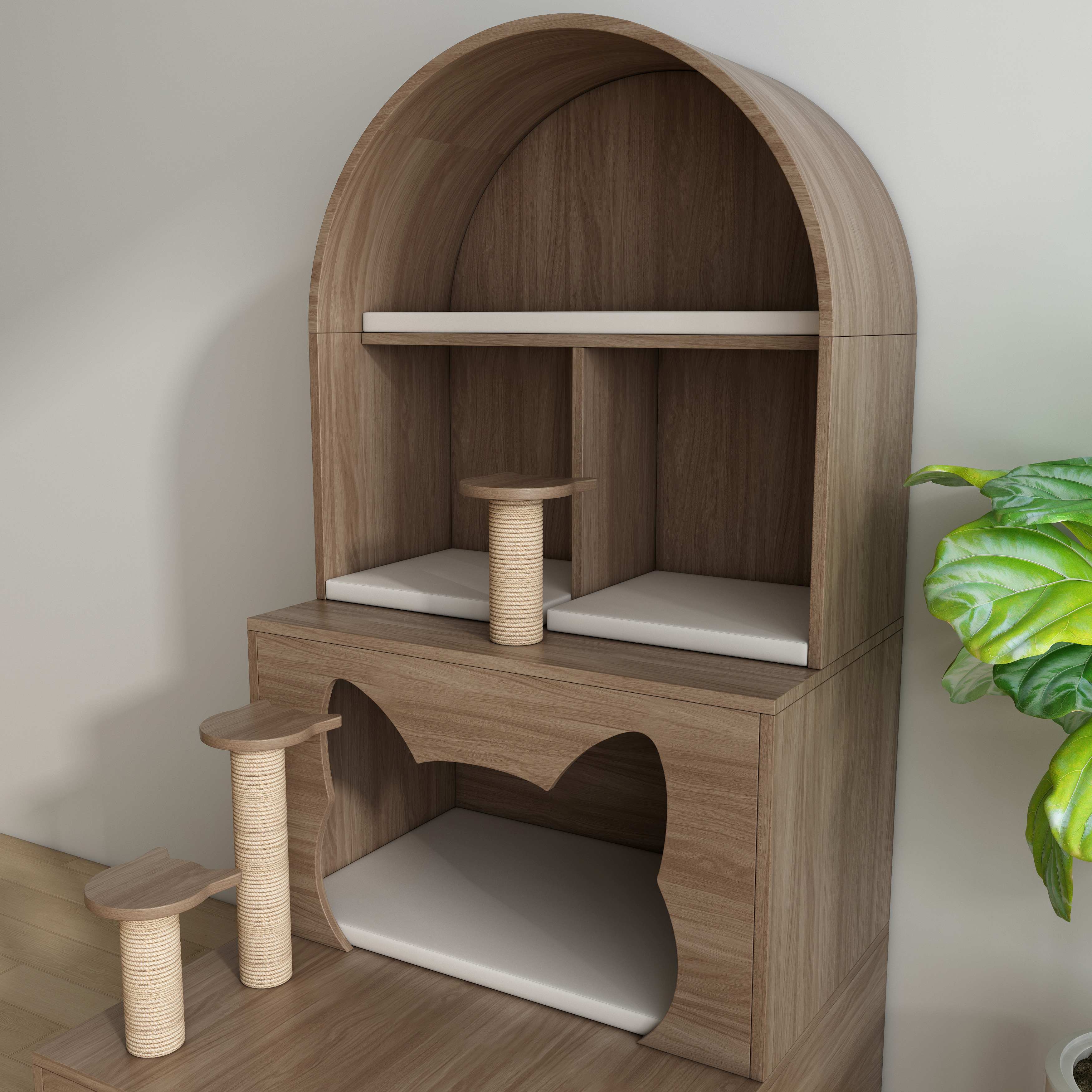 Arched Wooden Cat Tower with Sisal Posts, Cat‑Ear Hideaway & Storage Drawers