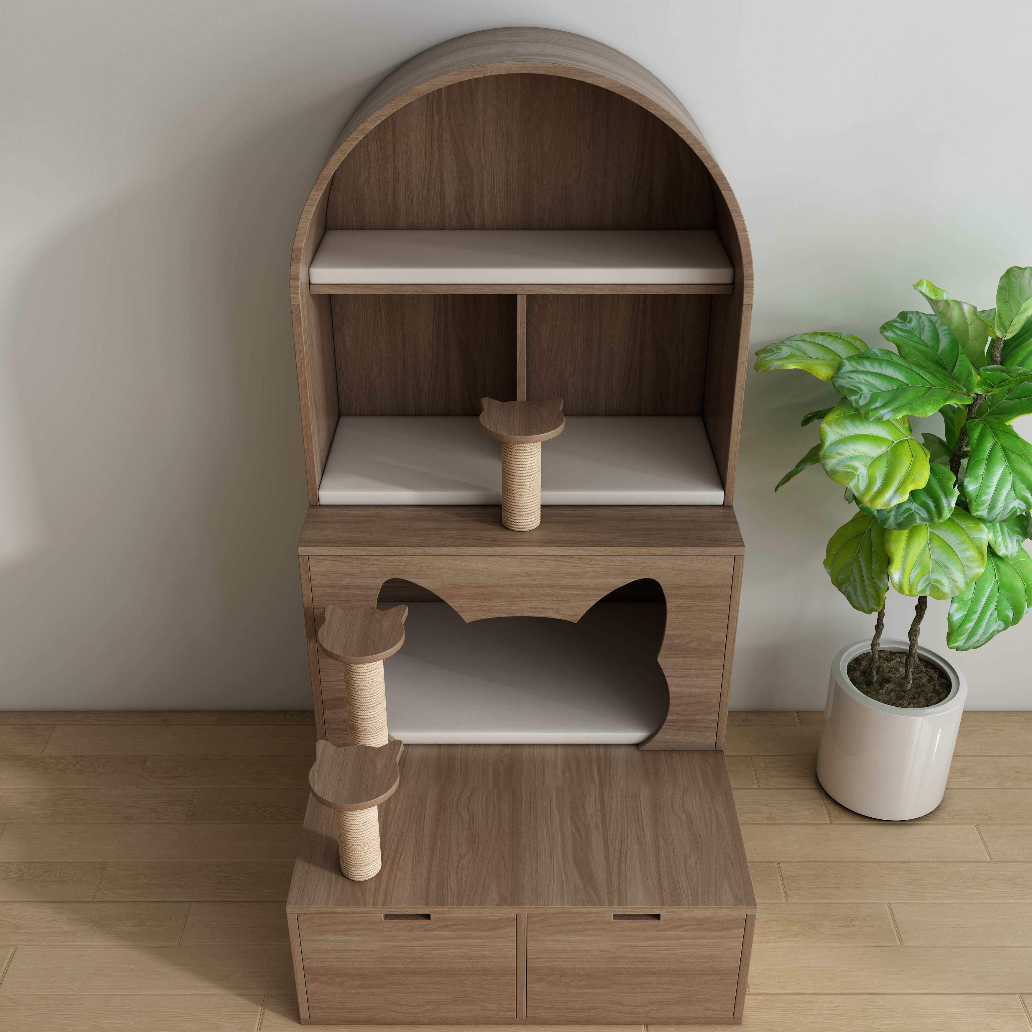 Arched Wooden Cat Tower with Sisal Posts, Cat‑Ear Hideaway & Storage Drawers