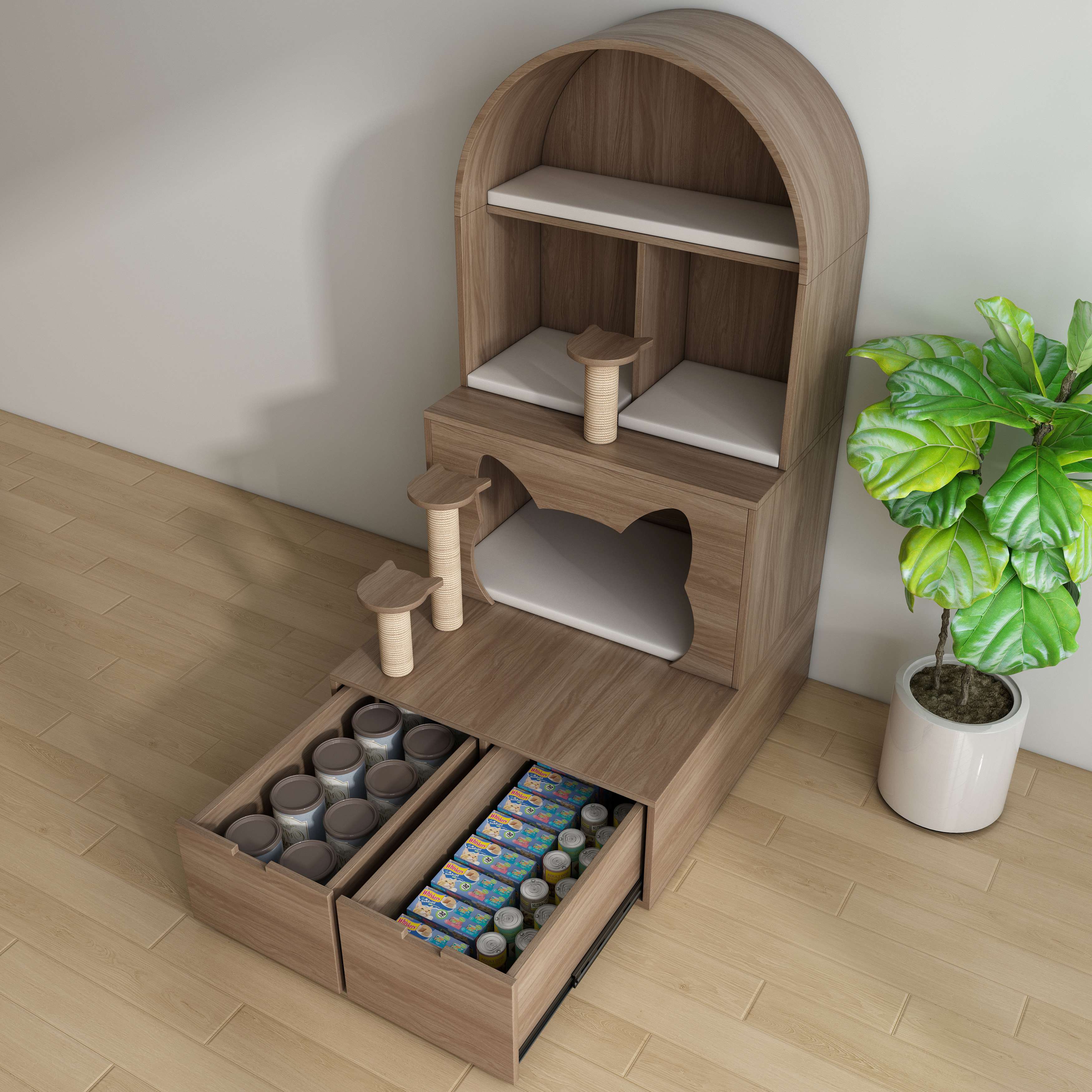 Arched Wooden Cat Tower with Sisal Posts, Cat‑Ear Hideaway & Storage Drawers
