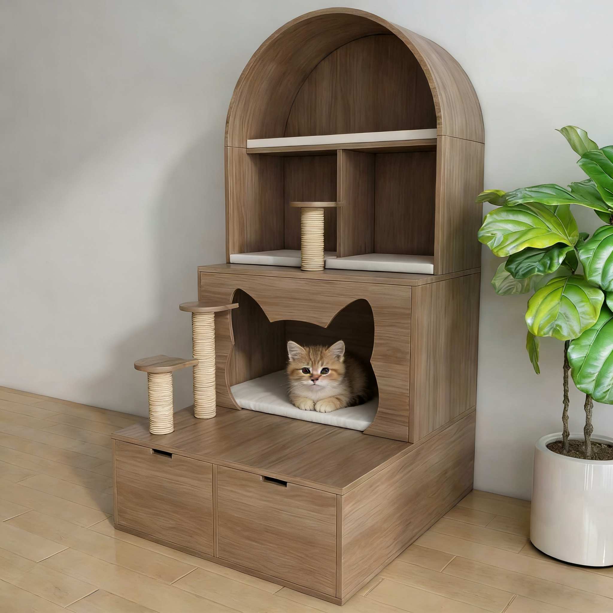 Arched Wooden Cat Tower with Sisal Posts, Cat‑Ear Hideaway & Storage Drawers