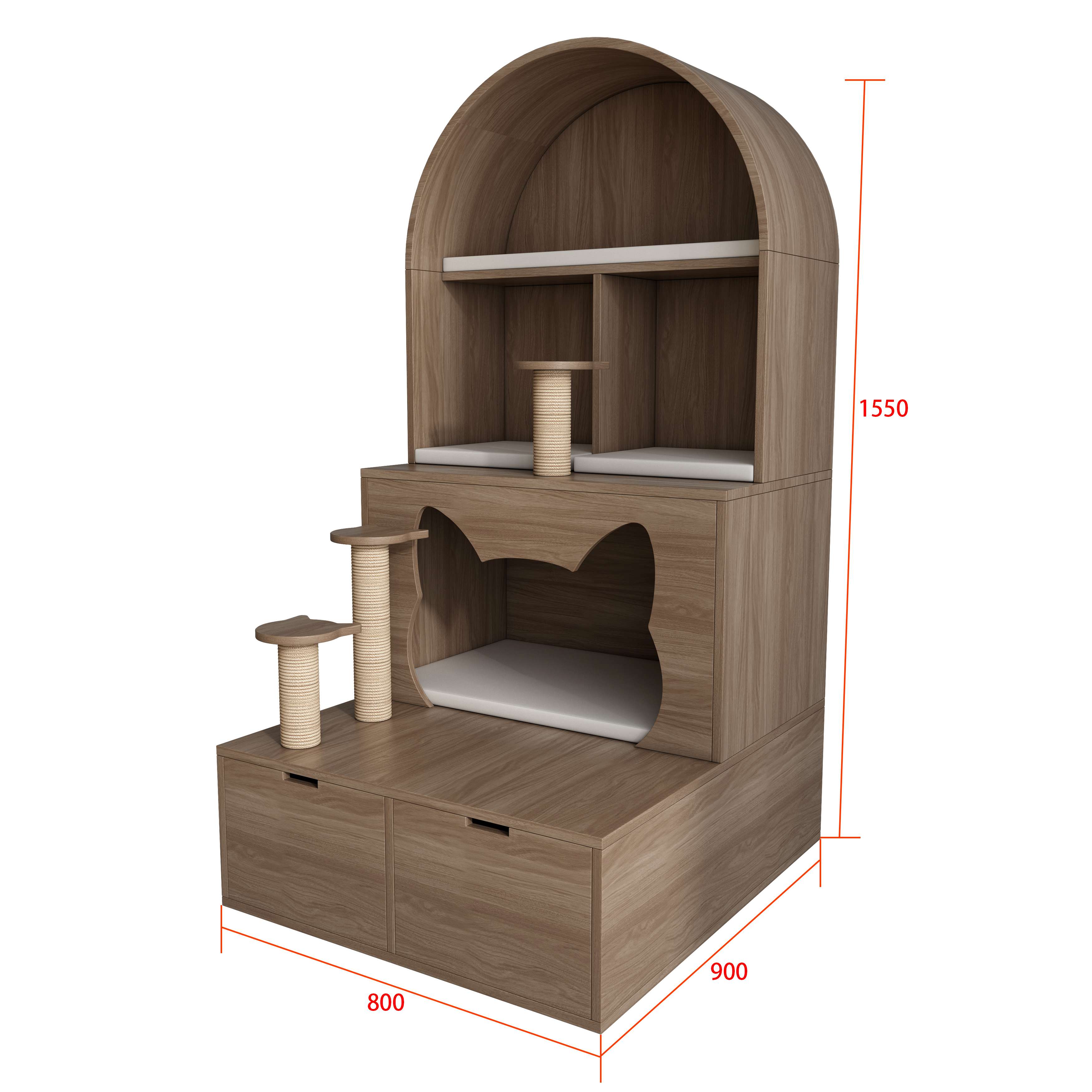 Arched Wooden Cat Tower with Sisal Posts, Cat‑Ear Hideaway & Storage Drawers