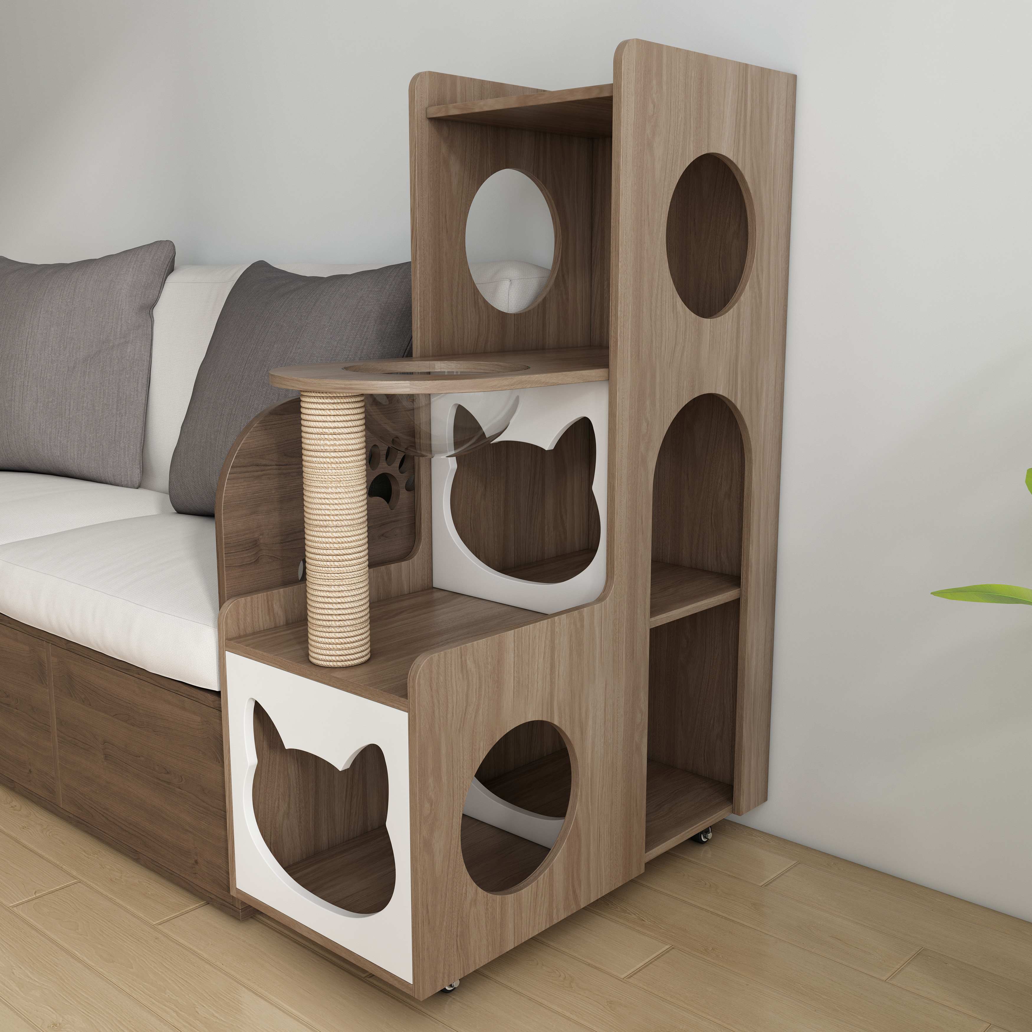 Vertical Two‑Tone Wooden Cat Tower with Sisal Post, Bubble Window Perch & Cat‑Ear Hideaway