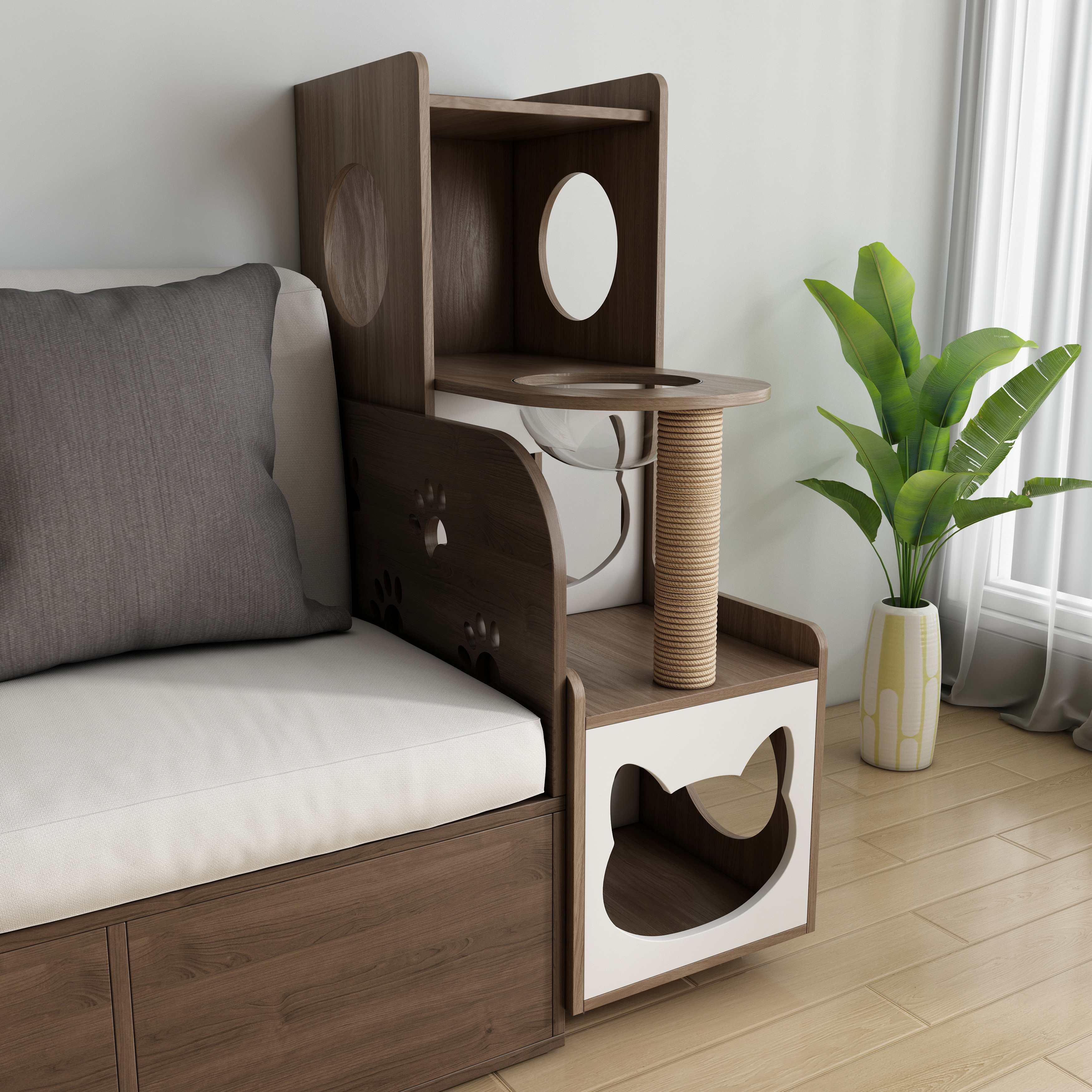 Vertical Two‑Tone Wooden Cat Tower with Sisal Post, Bubble Window Perch & Cat‑Ear Hideaway