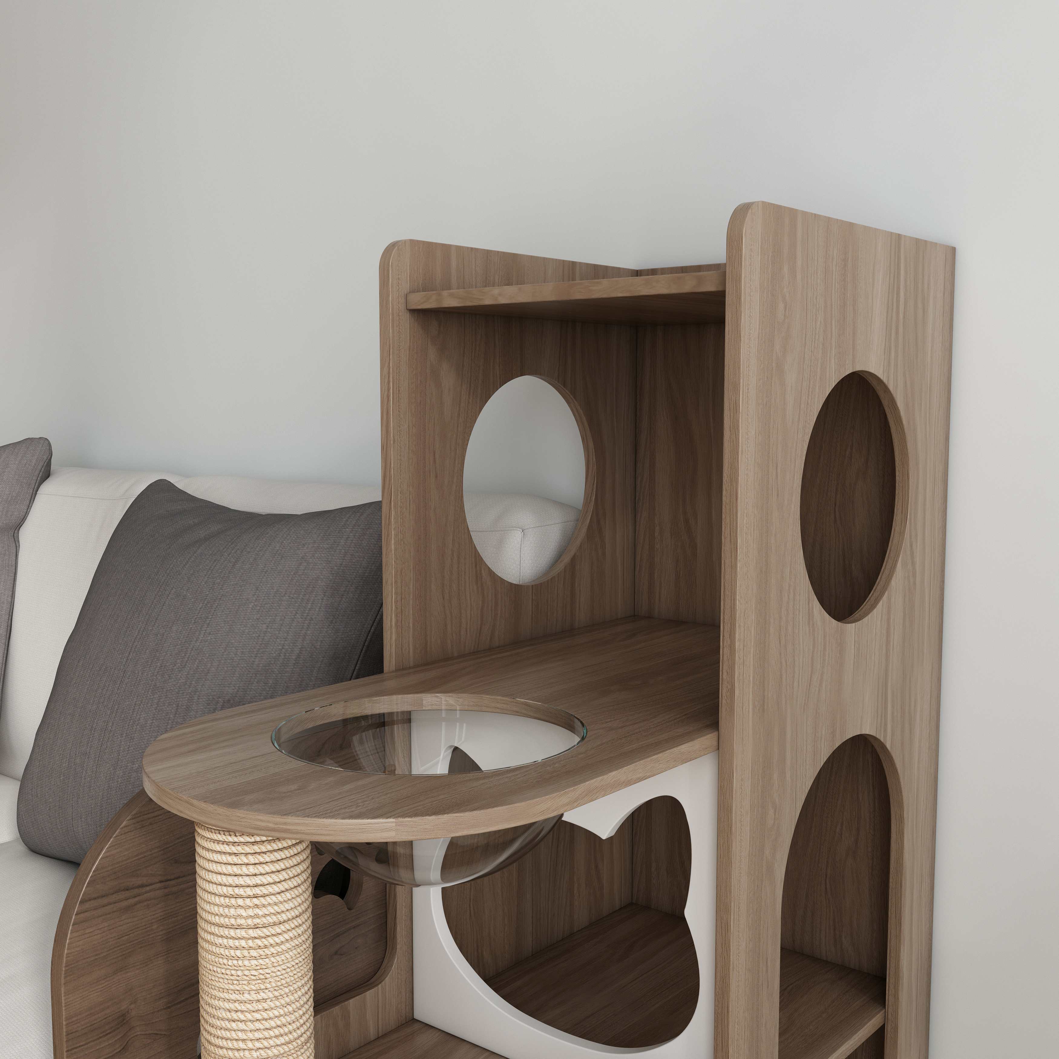 Vertical Two‑Tone Wooden Cat Tower with Sisal Post, Bubble Window Perch & Cat‑Ear Hideaway