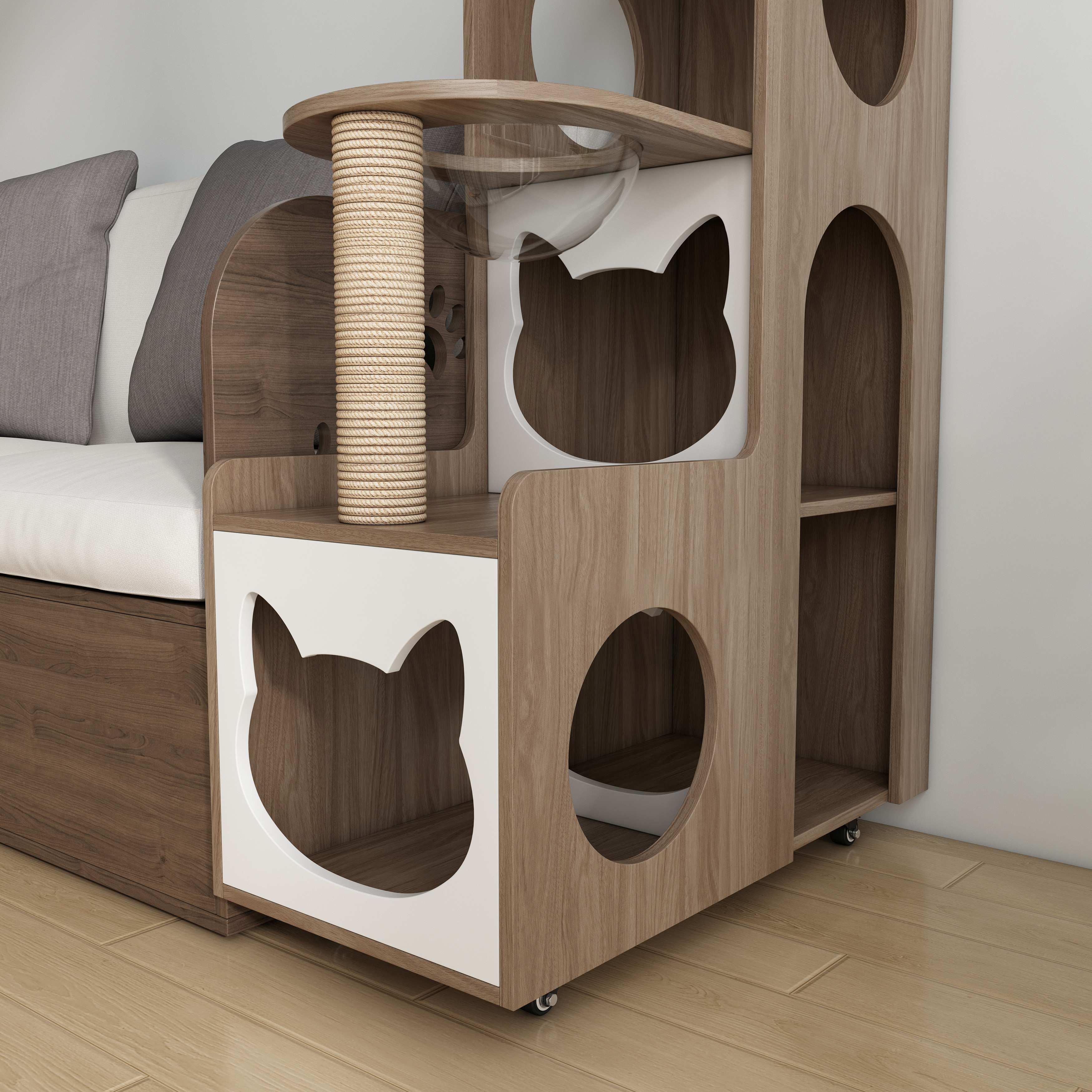 Vertical Two‑Tone Wooden Cat Tower with Sisal Post, Bubble Window Perch & Cat‑Ear Hideaway