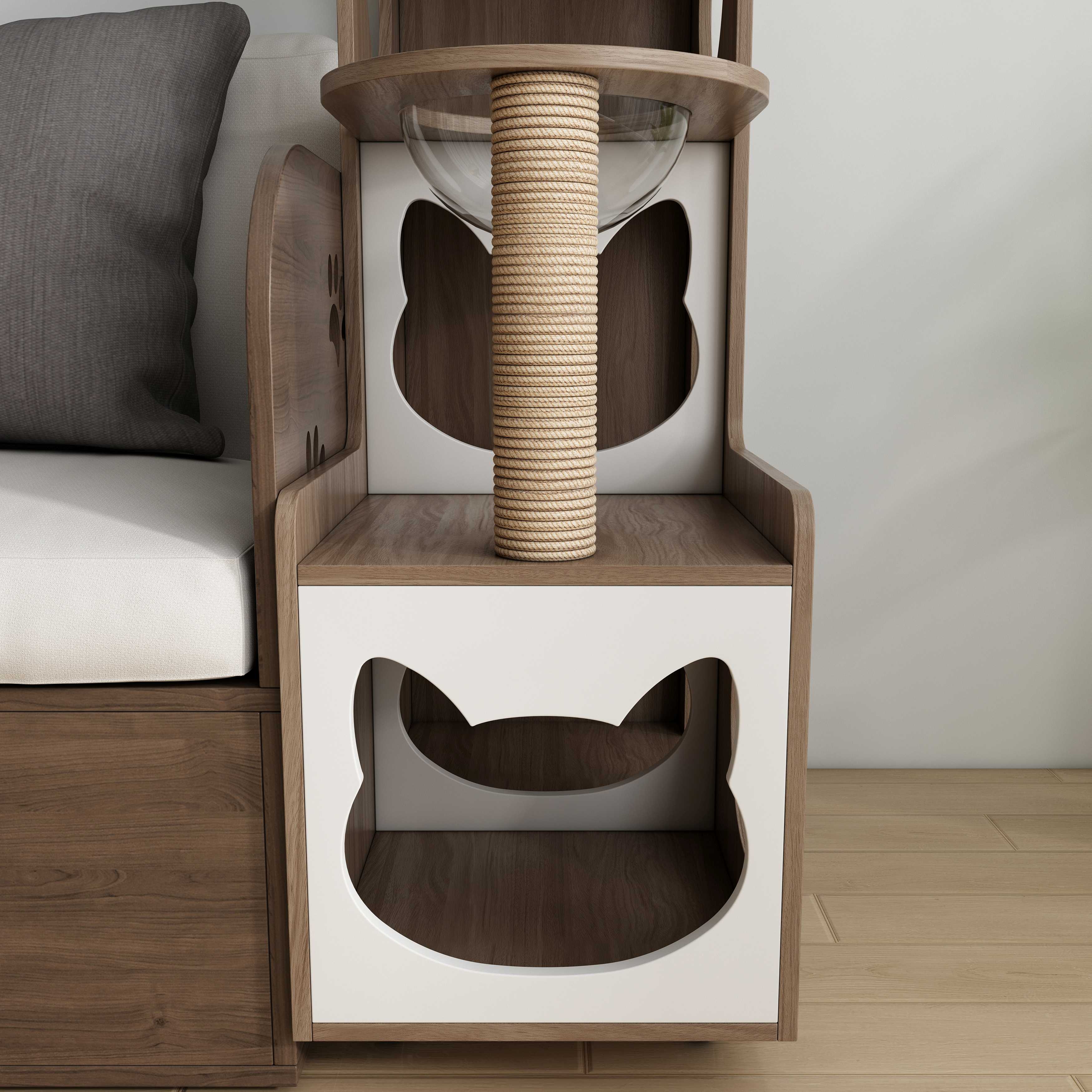 Vertical Two‑Tone Wooden Cat Tower with Sisal Post, Bubble Window Perch & Cat‑Ear Hideaway