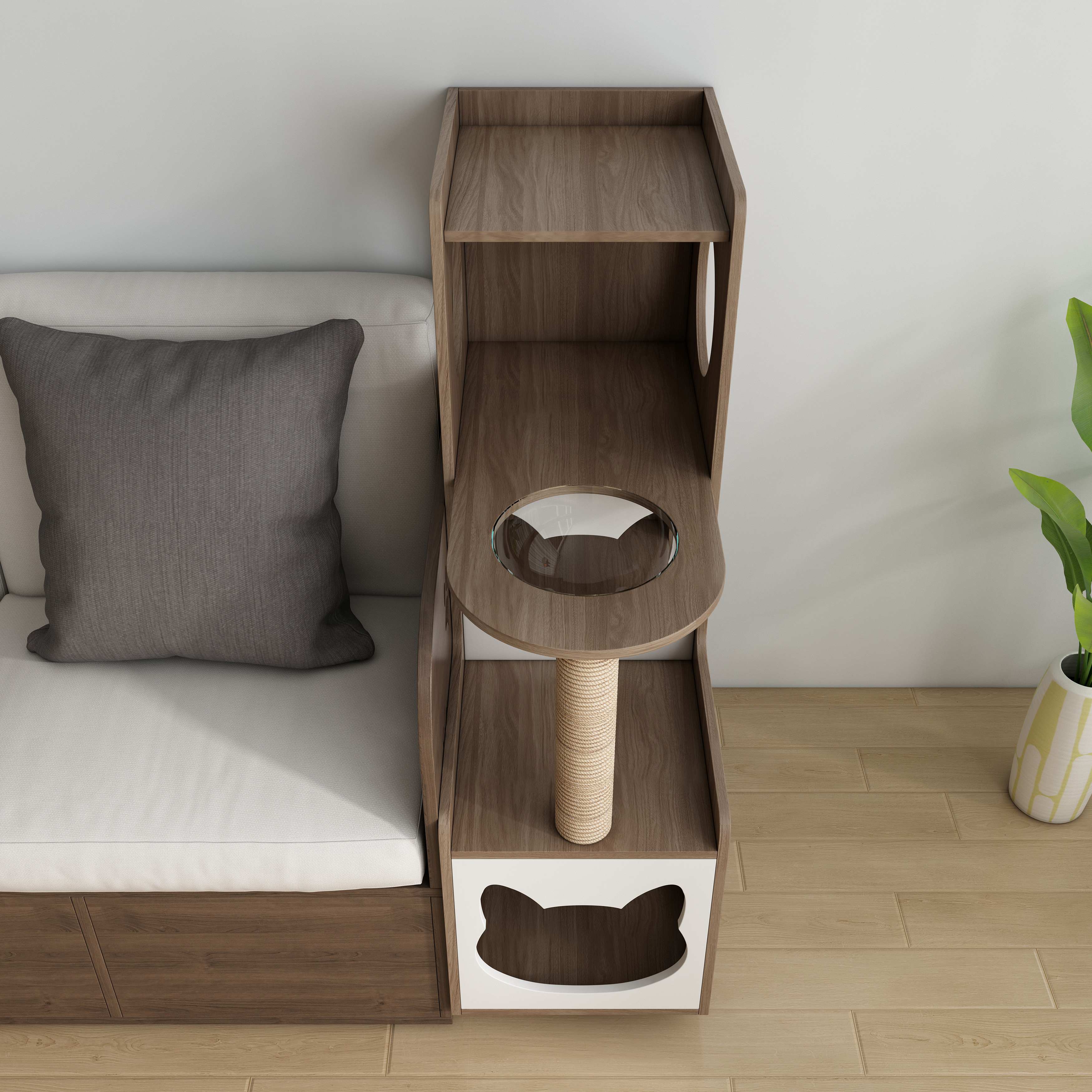 Vertical Two‑Tone Wooden Cat Tower with Sisal Post, Bubble Window Perch & Cat‑Ear Hideaway