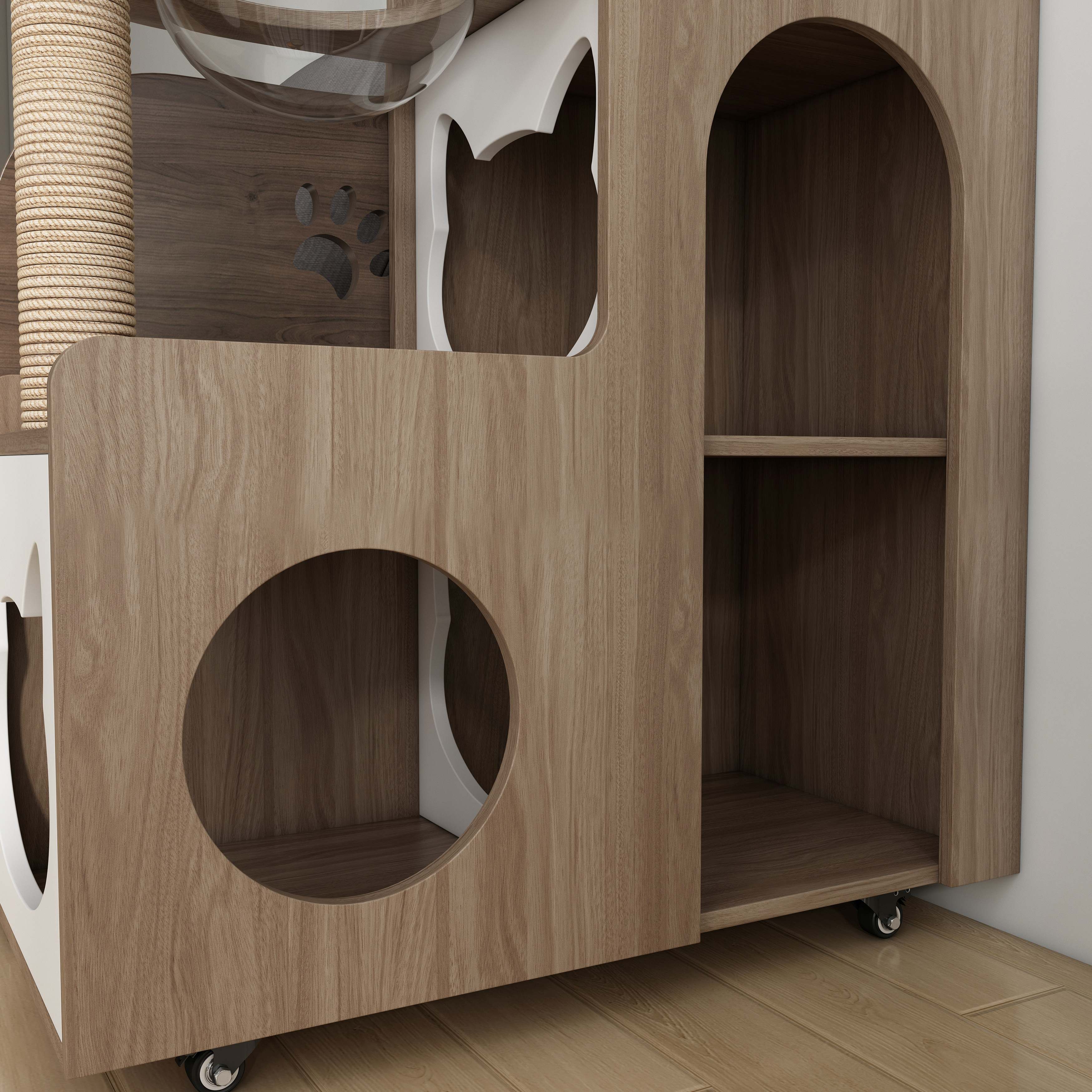 Vertical Two‑Tone Wooden Cat Tower with Sisal Post, Bubble Window Perch & Cat‑Ear Hideaway