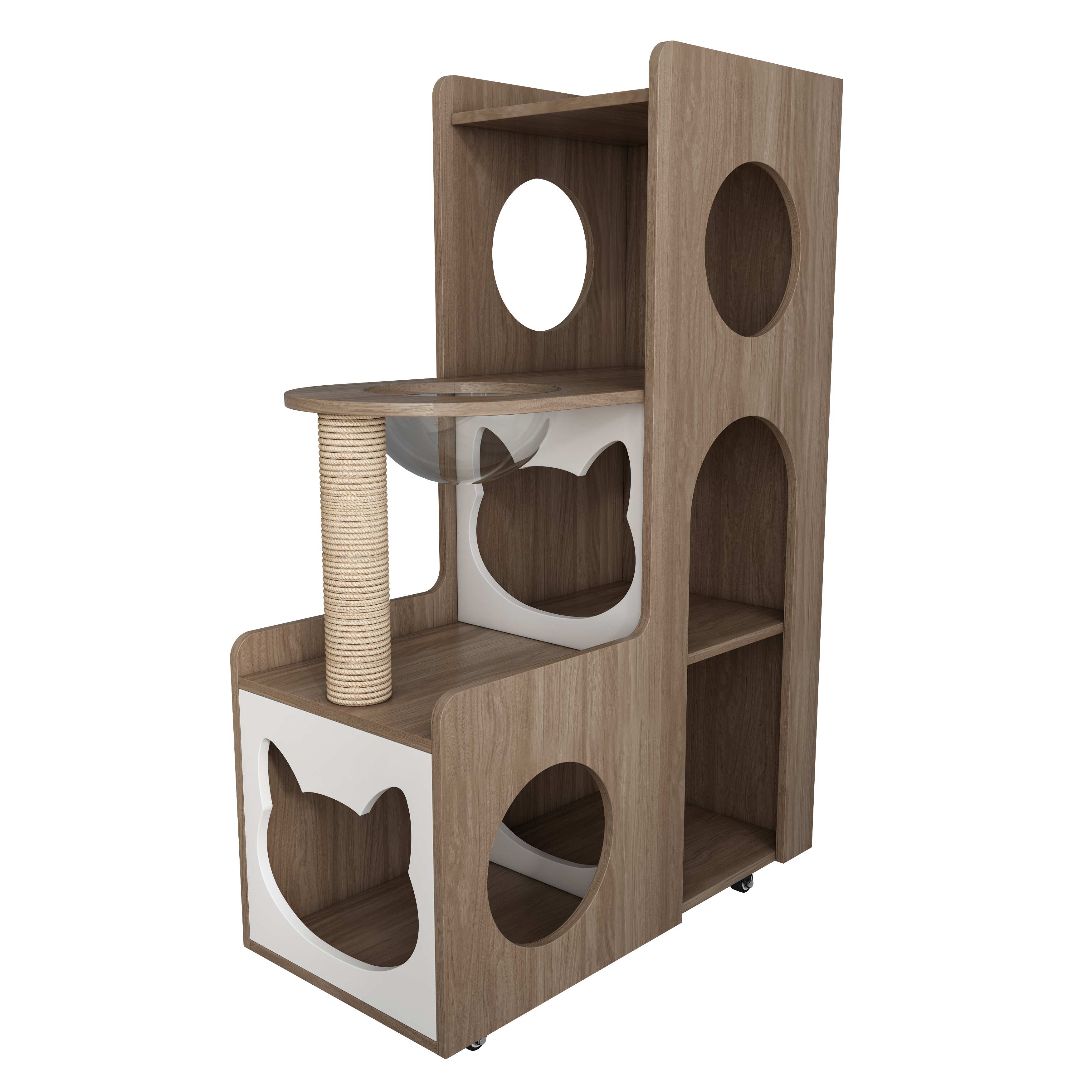 Vertical Two‑Tone Wooden Cat Tower with Sisal Post, Bubble Window Perch & Cat‑Ear Hideaway
